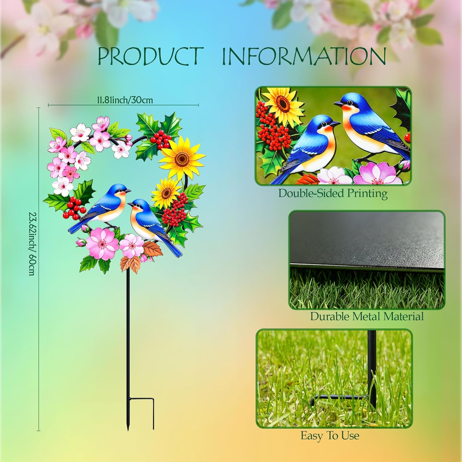 Garden Stakes Metal Bluebird - Heart Shaped Pair of Blue Birds with Flowers Colorful Yard Decor, Outdoor Lawn Ornament (Bluebird Couple)