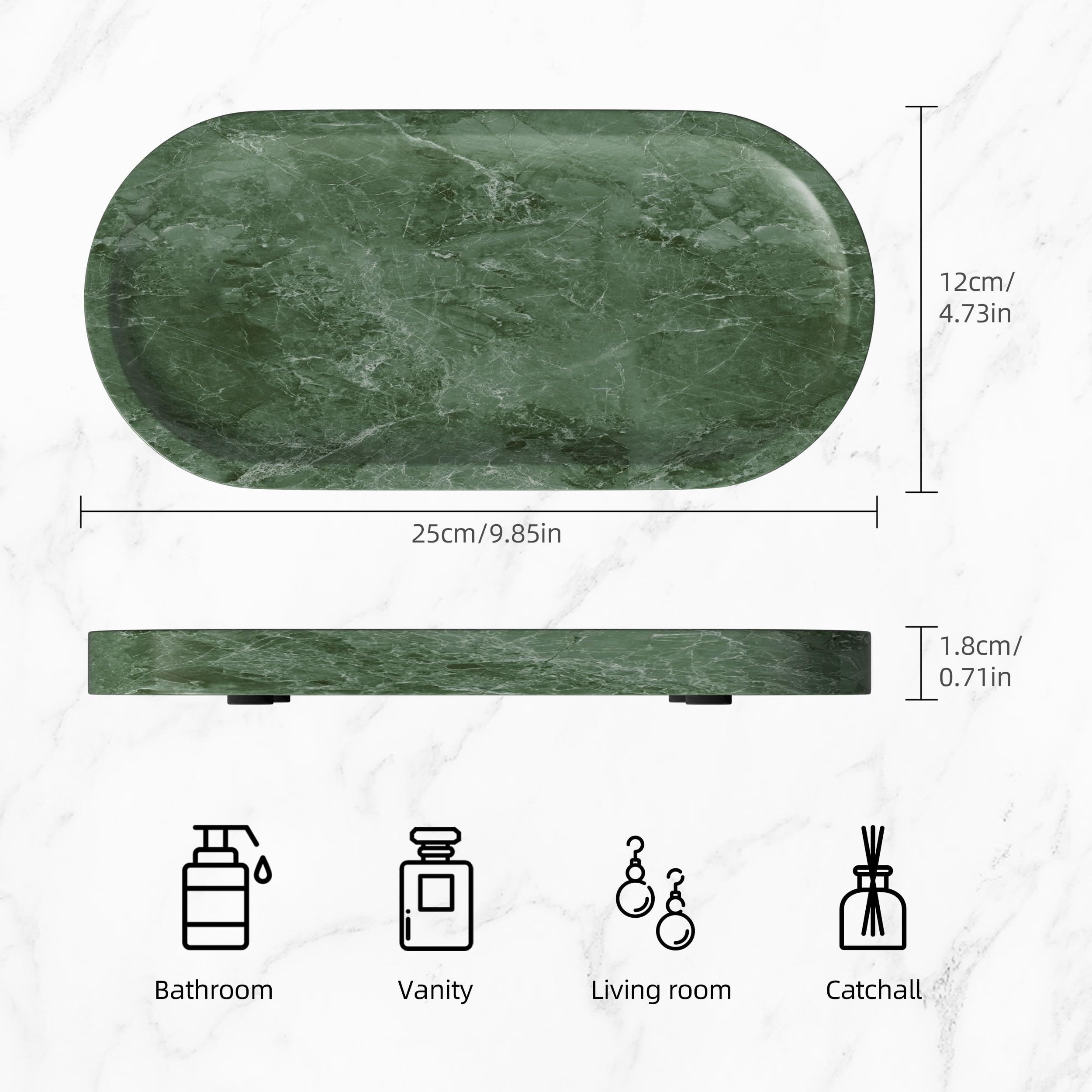 Bandejas para Cosméticos de Mármol Natural,25x12x1.8cm,Verde | Bandejas Decorativas con Almohadilla Antideslizante,Bandeja Organizadora para tocador con Texturas únicas,para Perfumes,Jabón