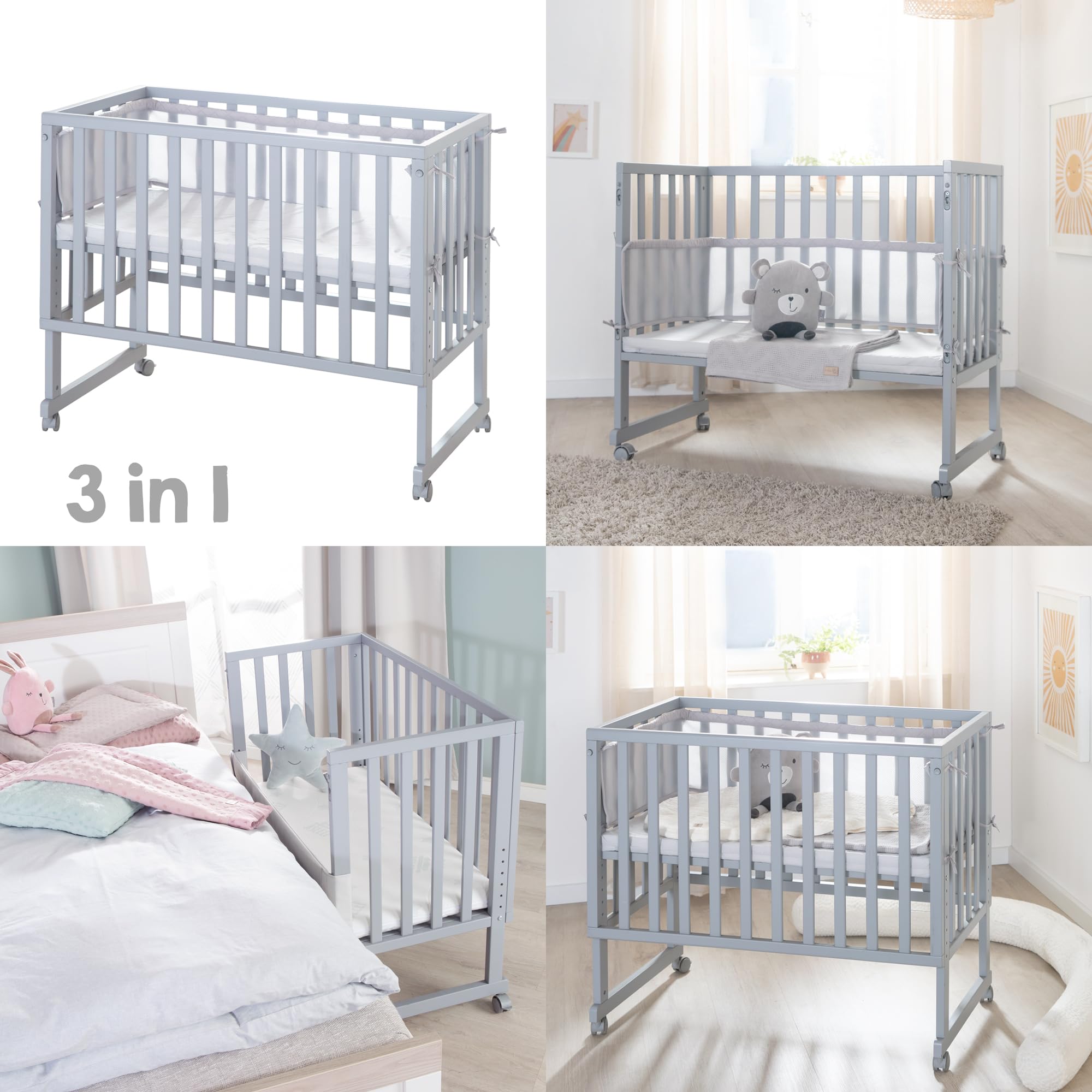roba-kids 8961TP-8V230 - Safe asleep 3in1, gris, estilo roba, para todas las alturas de cama de los padres, incluye colchón, nido y barrera, unisex