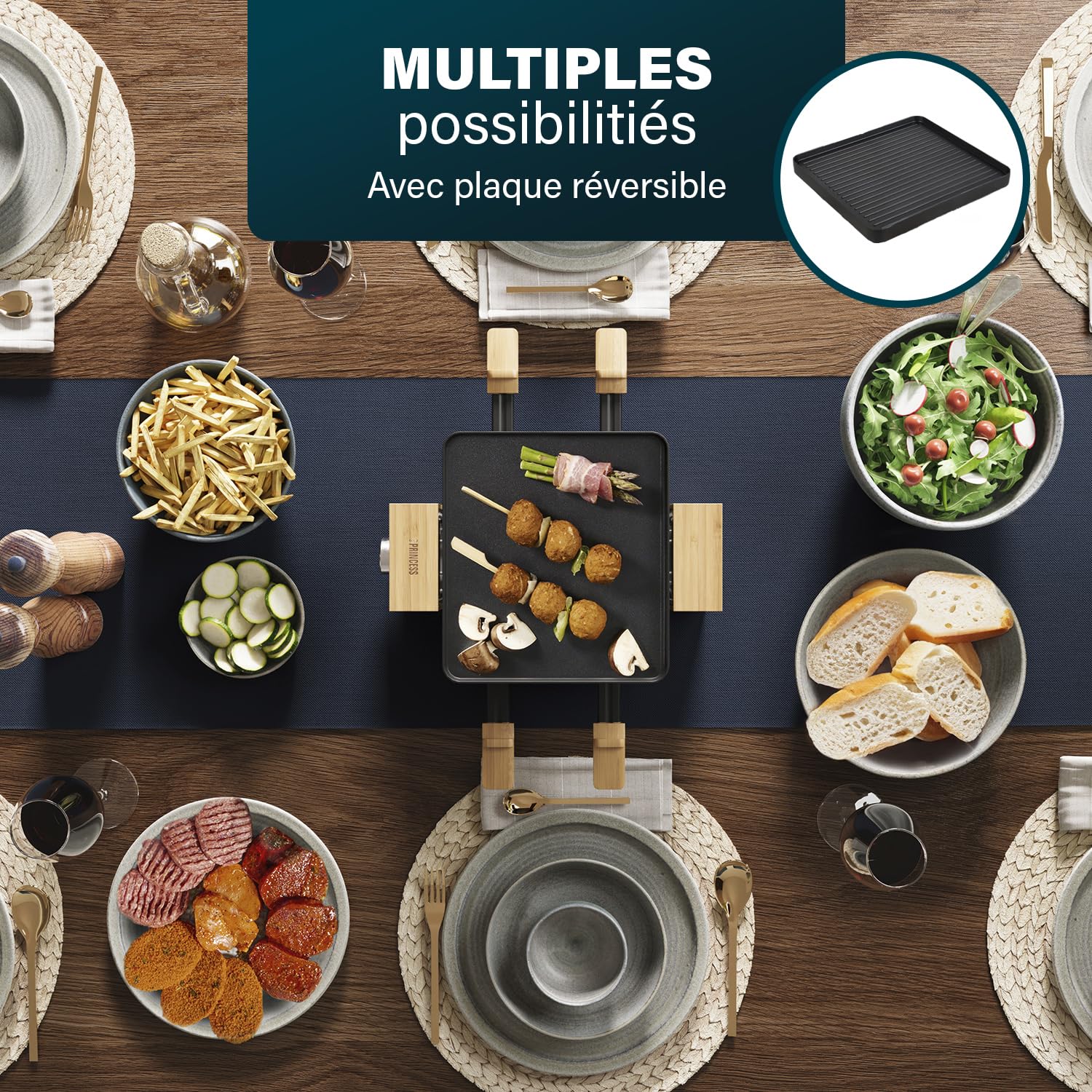 Princess Appareil à Raclette Pure 4, Pour 4 Personnes, Finition en Bambou Élégante, Plaque Réversible Grill et Teppanyaki, Thermostat Réglable, Facile à Nettoyer, 800 W, Noir, 01.162950.01.001