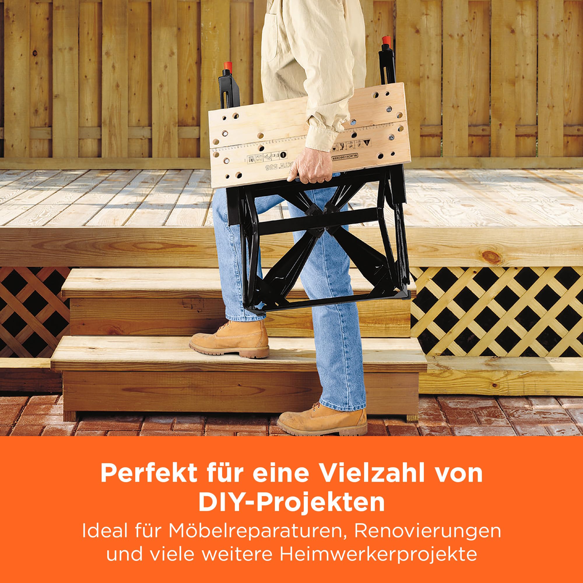 BLACK+DECKER Flexible Werkbank für Werkstatt (Sägebock Werkbank klappbar als Werkstatteinrichtung mit großer Arbeitsfläche, höhenverstellbar, bis 160kg belastbar, Arbeitsfläche: 25 x 61cm) WM536-XJ
