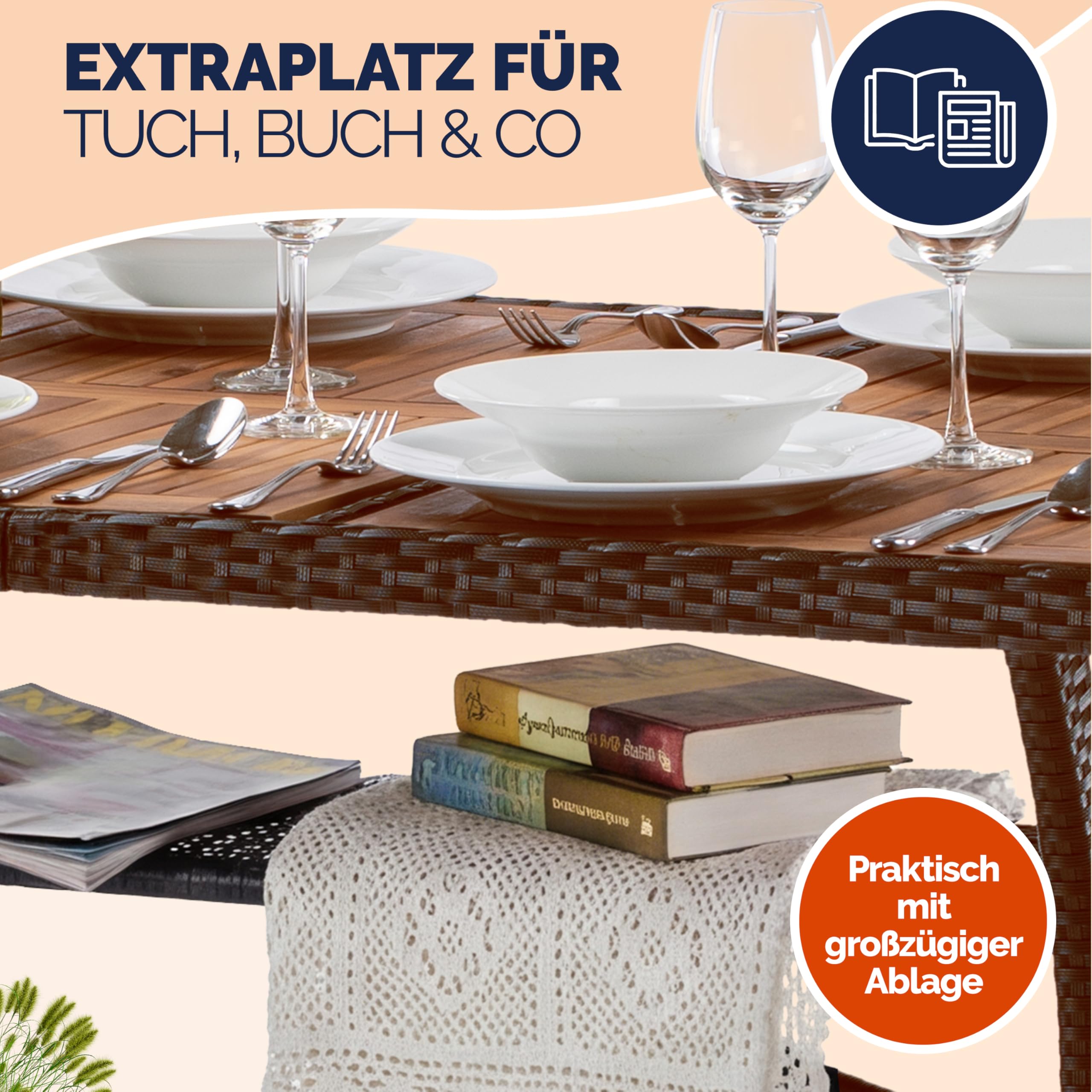 Casaria® Polyrattan Gartentisch mit Ablage FSC®- zertifiziertes Akazienholz 190x90 cm Höhenverstellbar Wetterfest Garten Terrasse Esstisch Tisch Braun