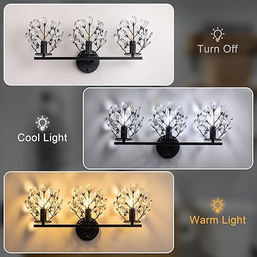 Miniatura 6 de TOCHIC Lámpara de tocador de baño de cristal negro de 3 luces, 23.43 pulgadas, moderna lámpara de pared regulable para tocador, gabinetes, sala de
