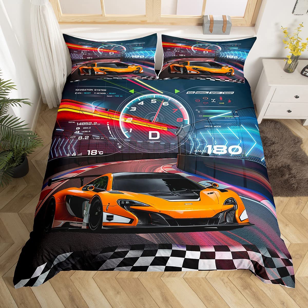 Loussiesd Race Car Bedding Set Boys Extreme Sports Duvet Cover Set for Kids Boys Cool Car Comforter Cover Car Sports 1 Duvet Cover with 2 Pillowcases Super King