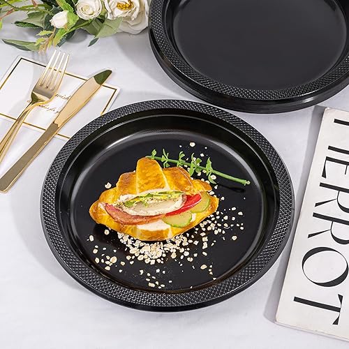 Miniatura 5 de WELLIFE Platos de plástico negro de 10 pulgadas  150 unidades para fiestas, platos de cena desechables de plástico para Halloween, pícnic, barbacoa