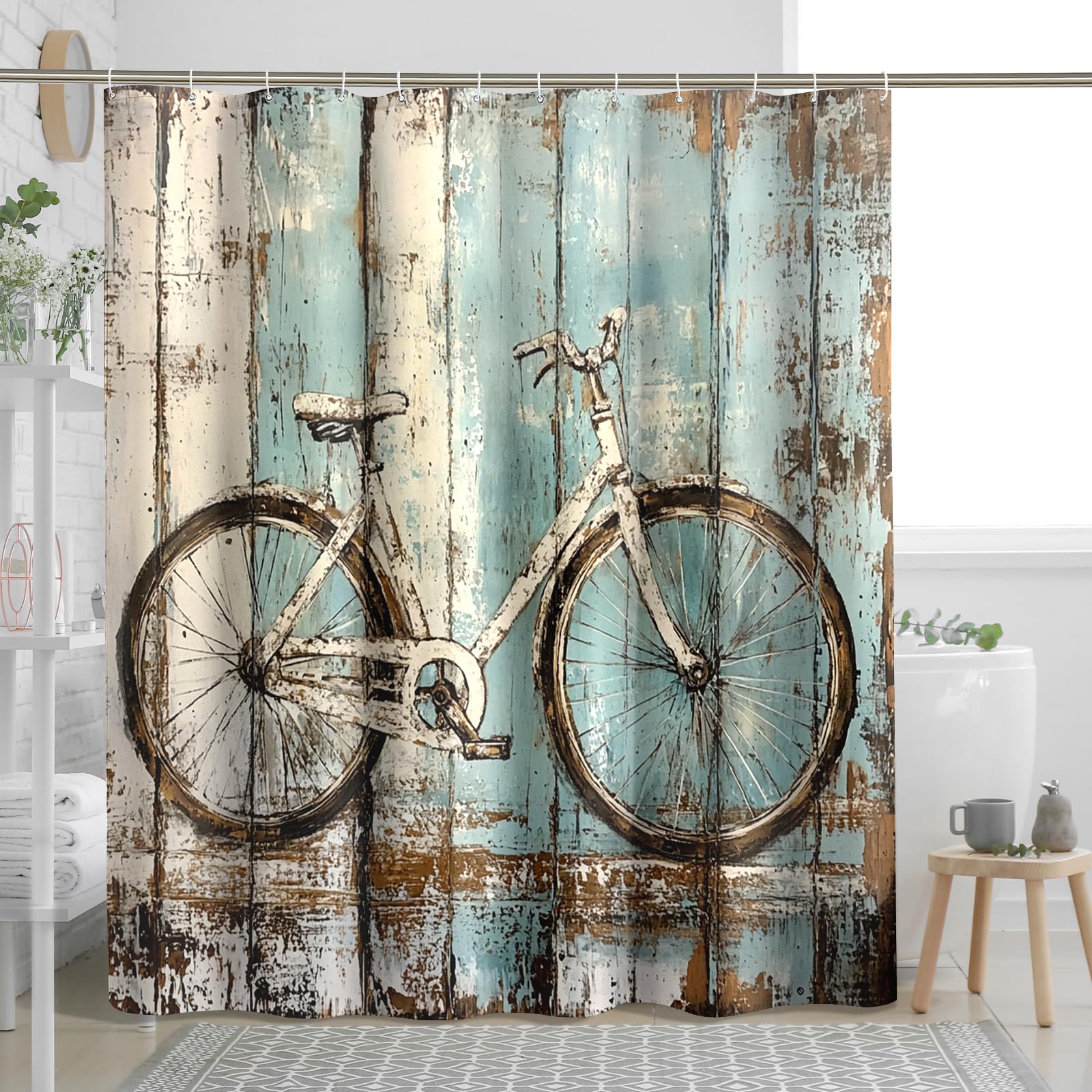 Rideau de douche vintage en tissu imperméable avec crochets pour salle de bain - Motif vélo - Bleu turquoise et blanc - 157 x 183 cm