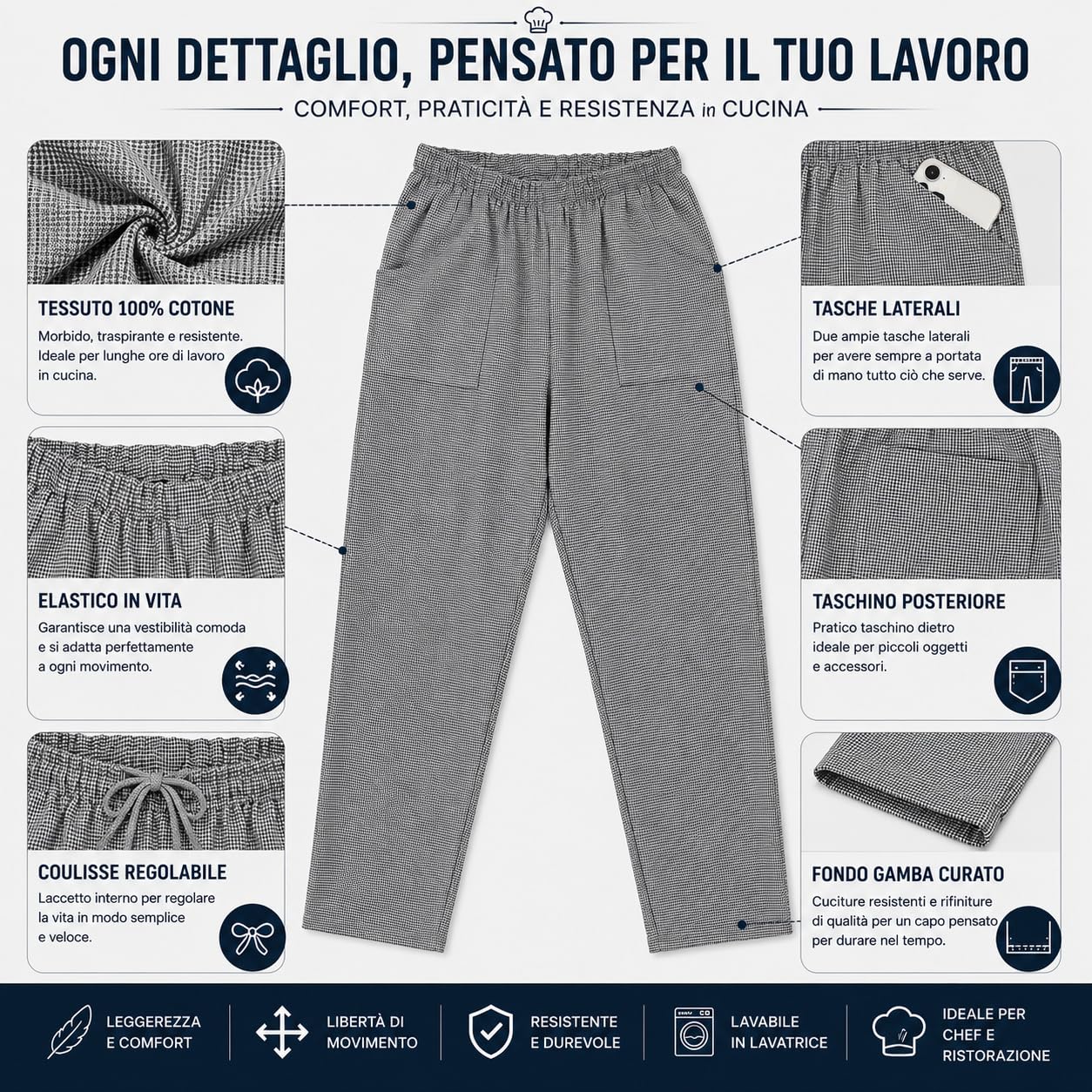 Siry Work Pantalone da Cuoco Unisex Professionale, 100% Cotone, con Elastico in Vita e Coulisse, Tasche Laterali, Made in Italy