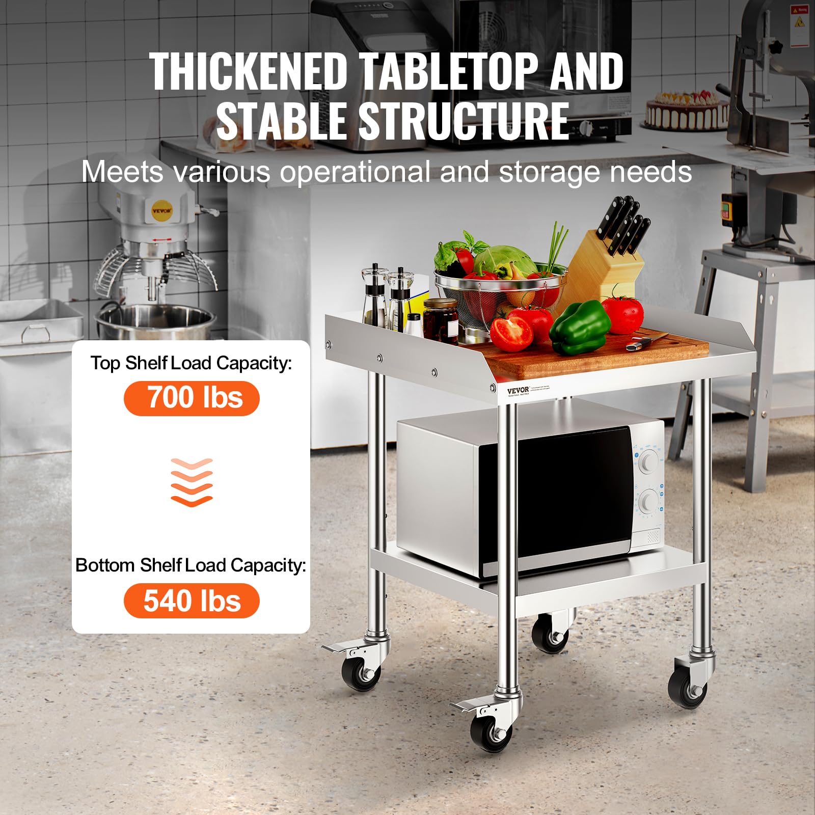 VEVOR Trabajo de Acero Inoxidable Mesa Comercial para Preparación de Alimentos con 4 Ruedas Salpicadero de 3 Lados 610x610x762 mm para Restaurante