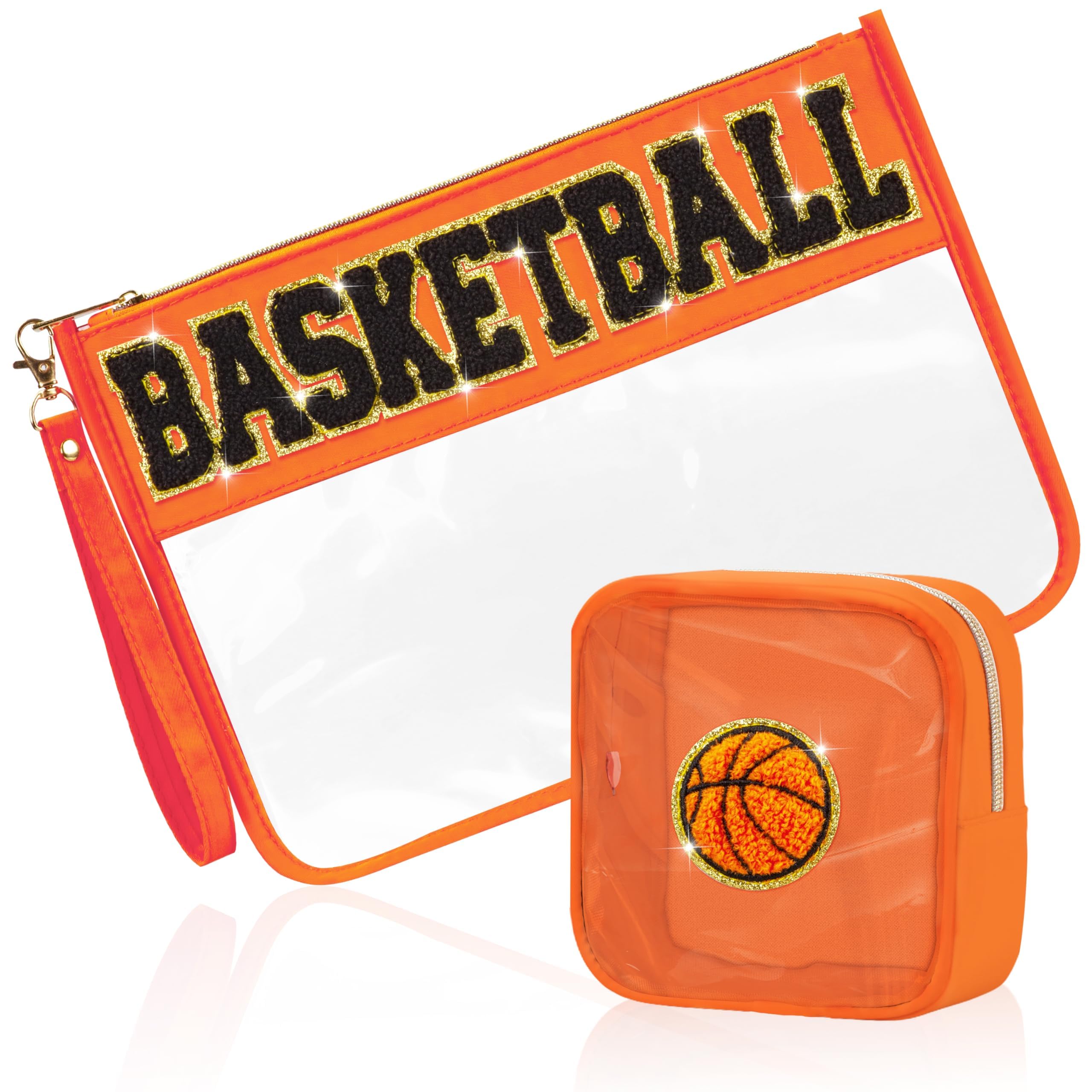 BuyCard 2 Pcs Basketball Gifts Makeup Bag with Chenille Letter Patch, Clear Cosmetic Pouch PVC Organizer Purse, Waterproof Travel Bag, Portable