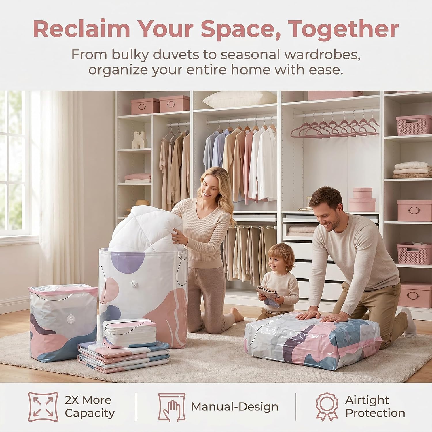 3D No Pump Vacuum Storage Bags, Large Capacity Compression Bags for Storage, Pump-Free Space Saver Bags for Comforters, Blankets and Bedding