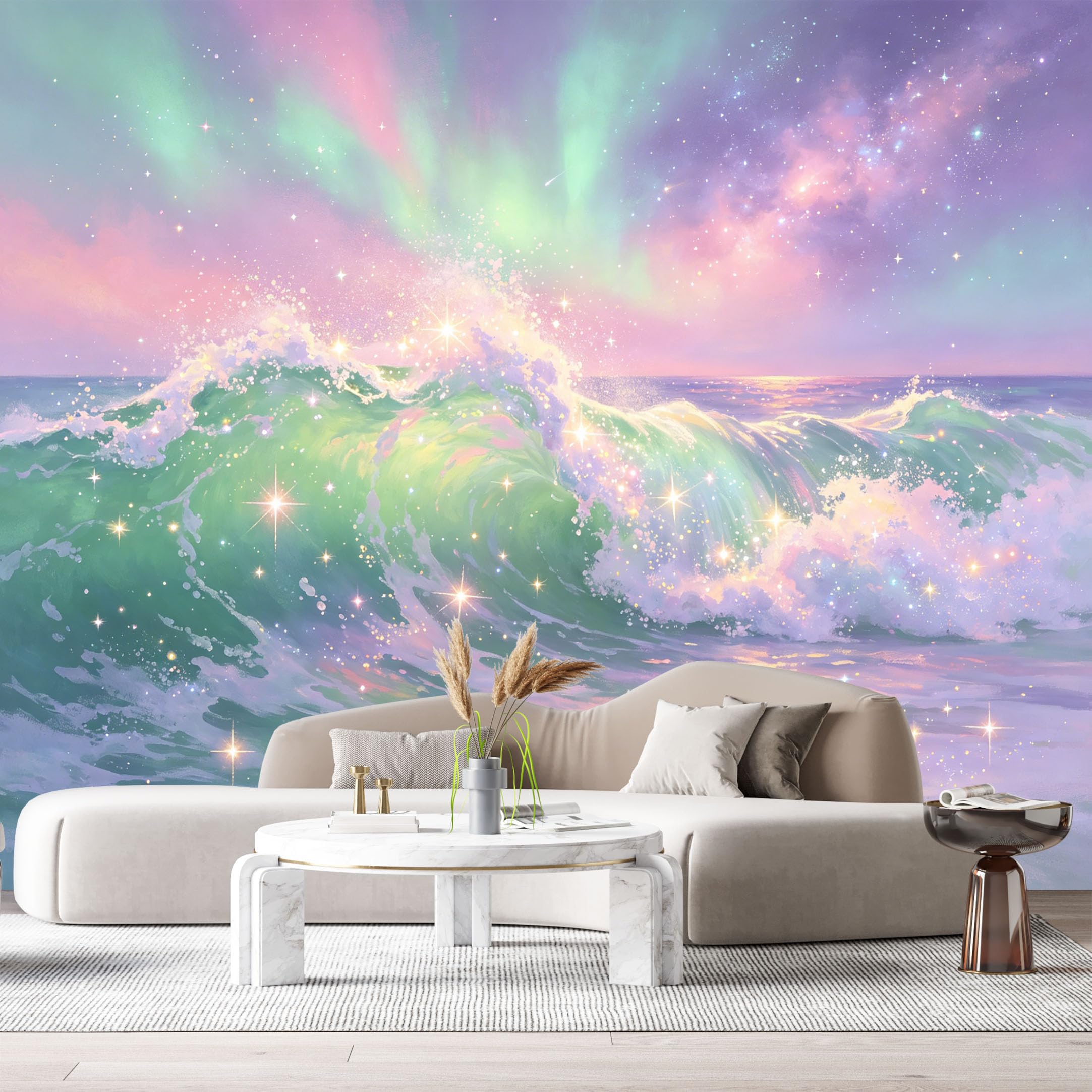 Custom Size Wall Murals Aurora Ocean Wave Landscape Watercolor Sparkling Stars SelfAdhesiveWall Fabric Removable Wallpaper Wall Decor for Living Room Bedroom Bathroom