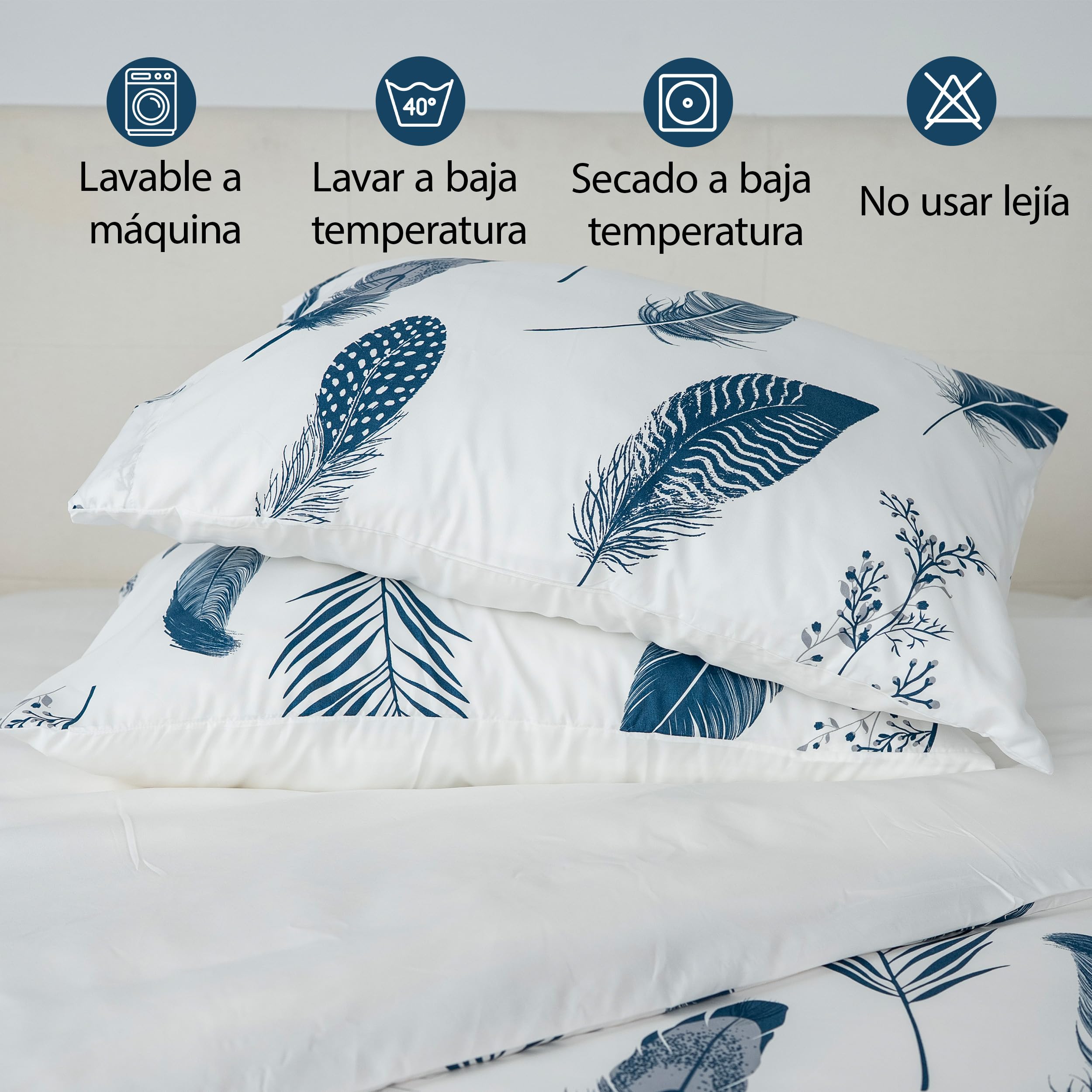 Etrexonline Juego de Funda Nórdica 4 Piezas Cama 150 Microfibra Suave Transpirable - 1 Funda Edredón 220x240 cm, 1 Bajera 150x200+30 cm y 2 Fundas de Almohada 50x75 cm (Pluma Azul) — view 7