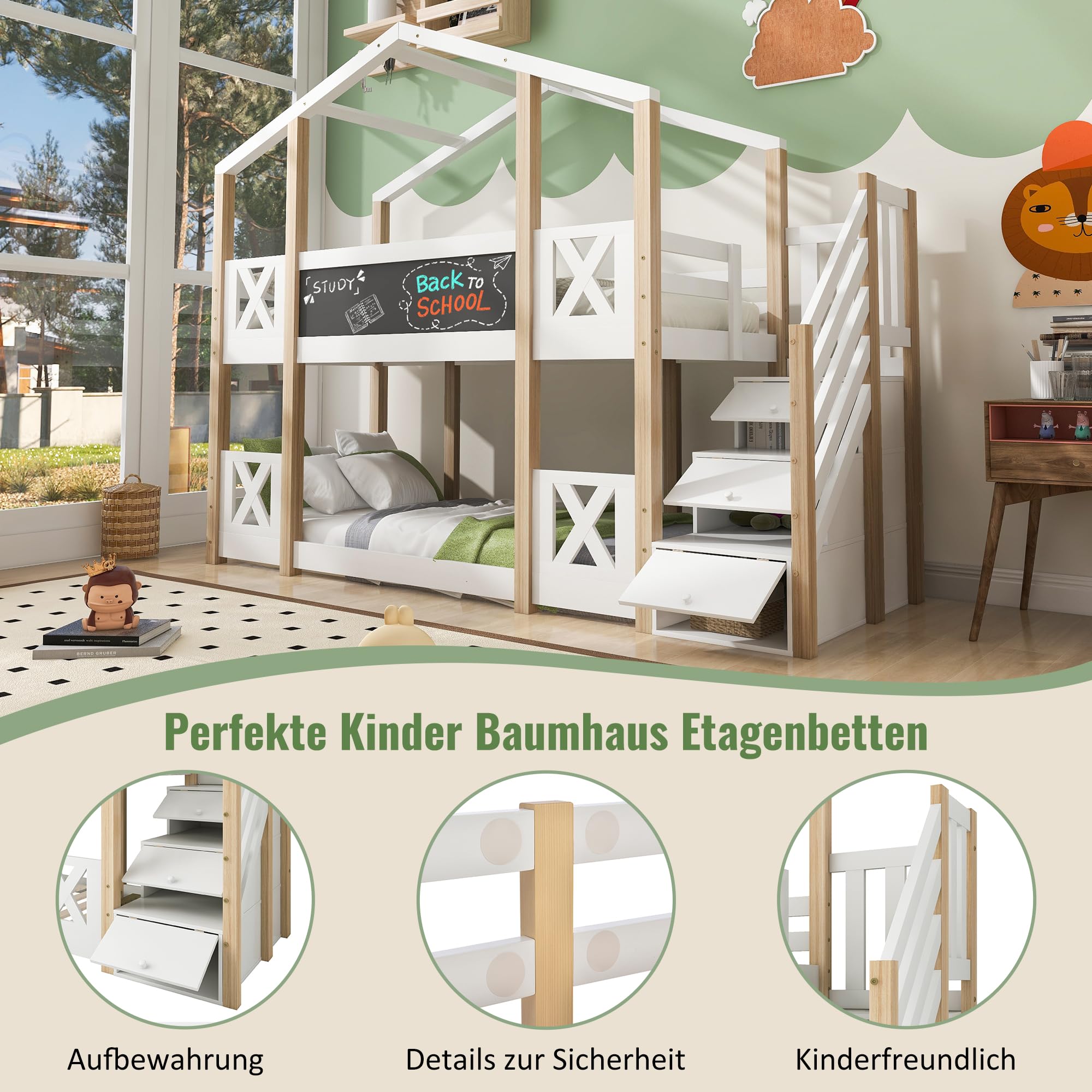 Lit superposé pour Enfants 90 x 200 avec échelle, Lit Cabane Enfant avec Tableau, Lit Cabane Enfant Arbre avec Rangement et Barrières de Sécurité, Blanc et Naturel