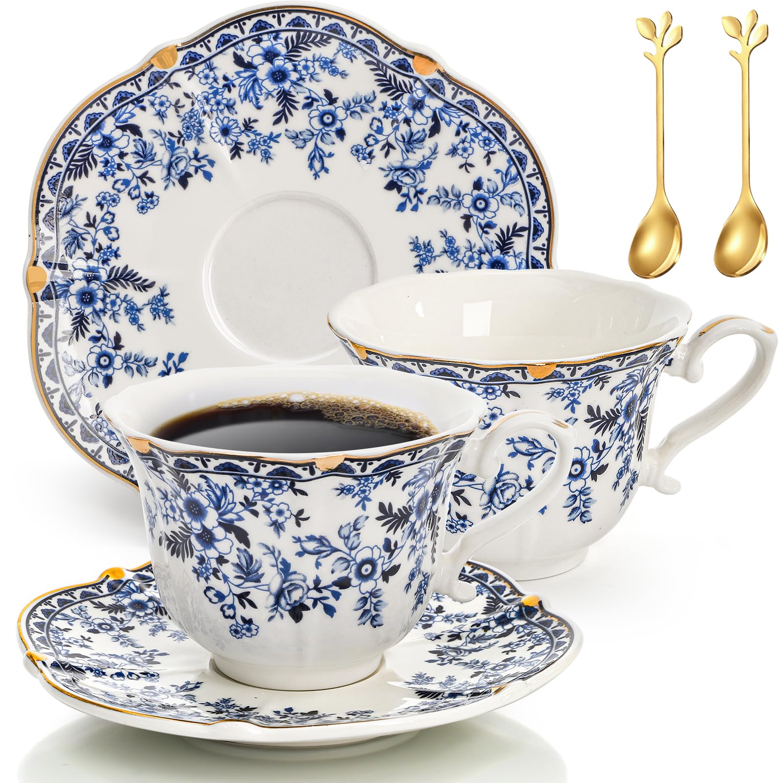 Set di 2 tazze da tè e piattini in porcellana, 170 ml, stile vintage, con rose rustiche, con finiture dorate, cucchiaio, 6 tazze da caffè e cappuccino per donne, tea party, regali di nozze