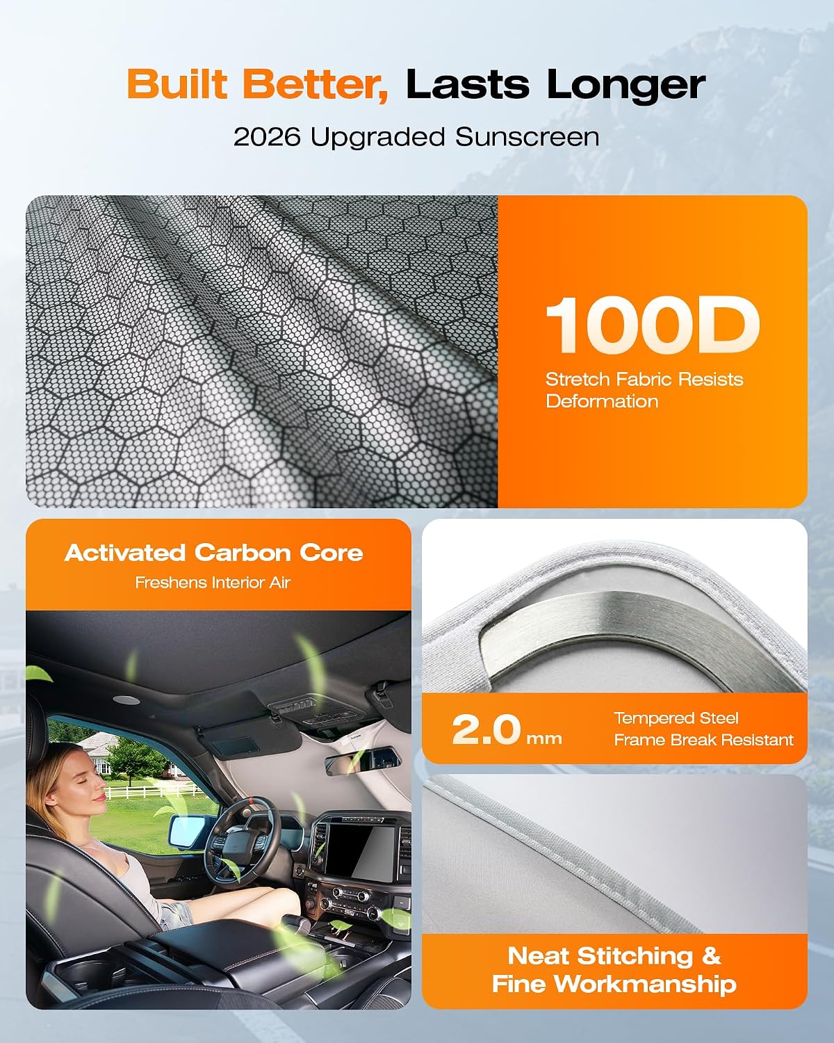 Windshield Sun Shade, Graphene & Activated Carbon Multi-Layer Front Windshield Sunshade, UV Blocking, Odor Absorbing, Foldable Car Sun Shade with Storage Bag (Large 64"*34")