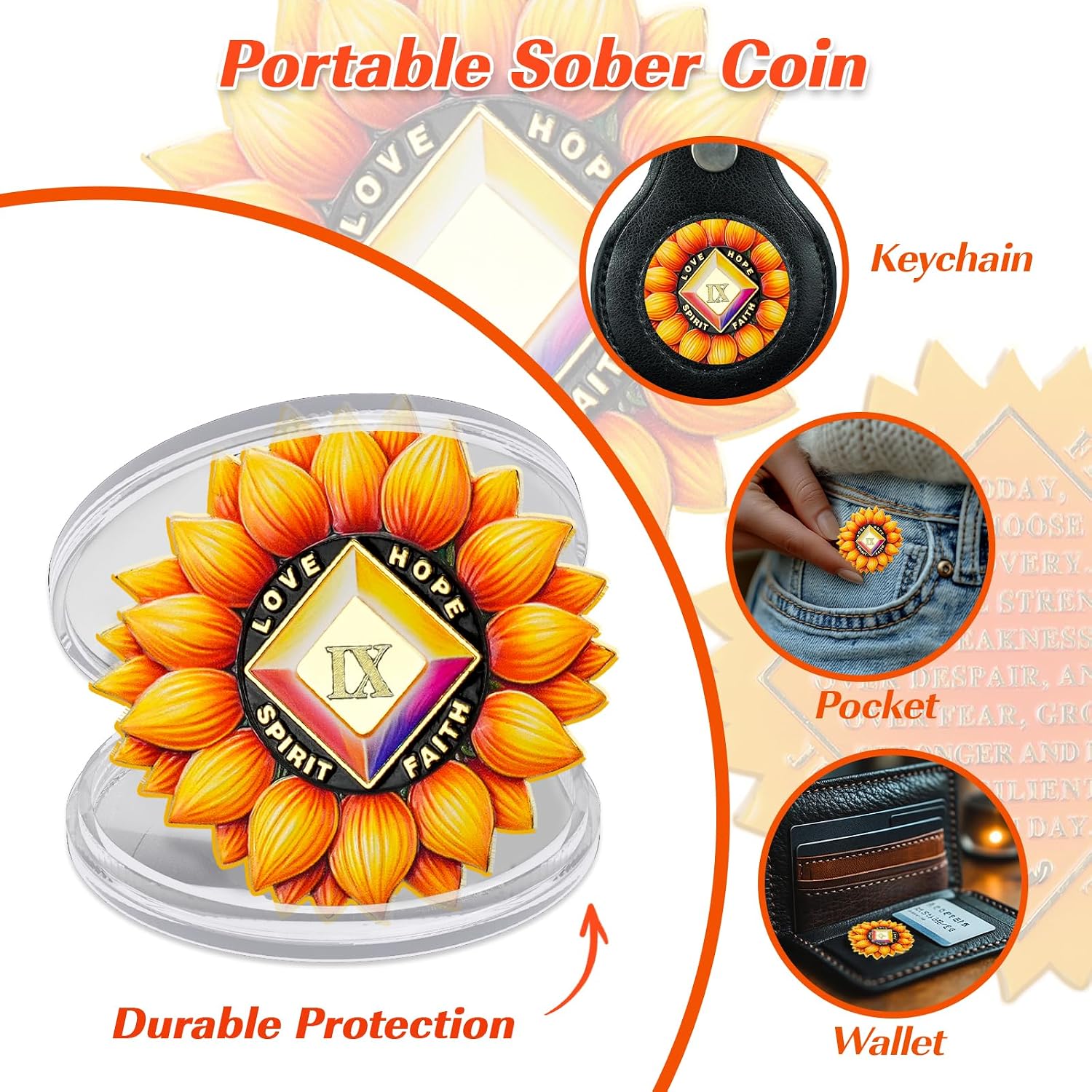 Sunflower Rebirth 9 Year Sobriety Coin, Motivational NA Medallion for Strength, Hope, Faith, and Personal Growth, Perfect Recovery Token Sobriety Gift for Men and Women