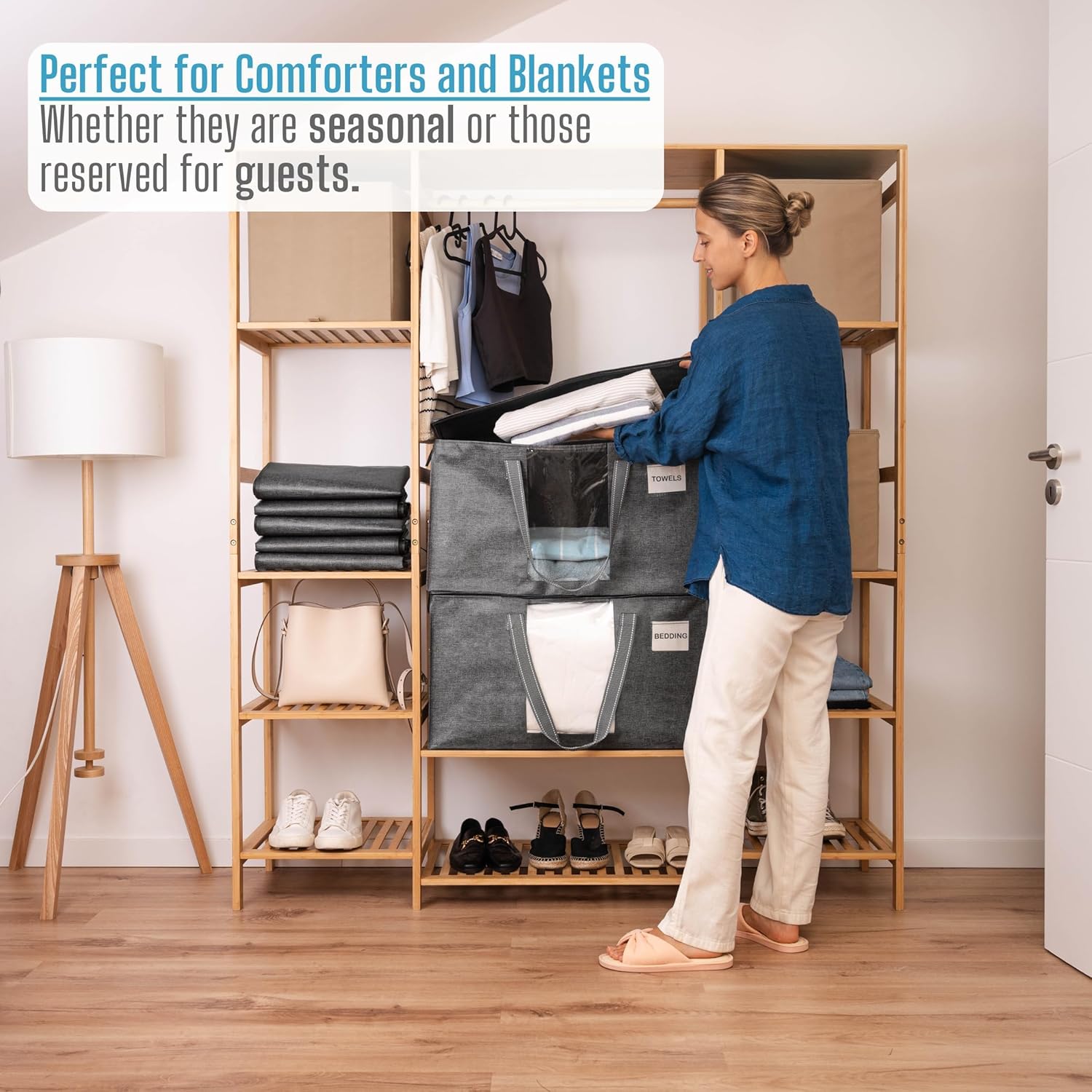 VENO 6 Pack Moving Bags, Comforter and Blanket Storage Bags for Closet, Moving Boxes, Boxes with Lids Alternative, College Dorm Packing Supplies, Foldable Heavy-Duty Tote with Window (Gray, 6 Pack) - Image 5