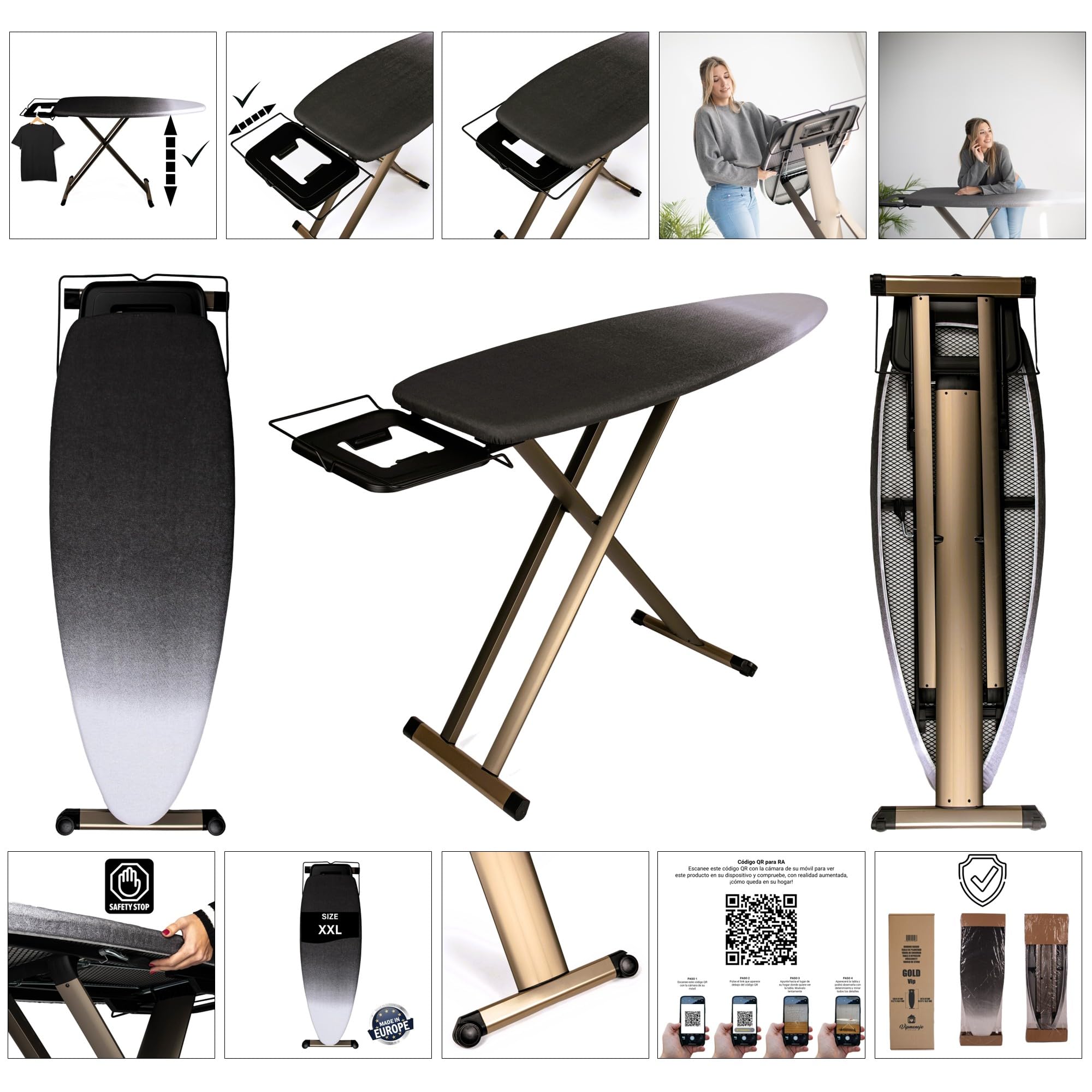 GoldVIP Table à Repasser Grande et Professionnelle | 130x47 cm | Pliable, Robuste et Stable | Hauteur Réglable | roulettes | Surface XXL Large | Aluminium | Idéale Centrales Vapeur | Fabriquée Europe