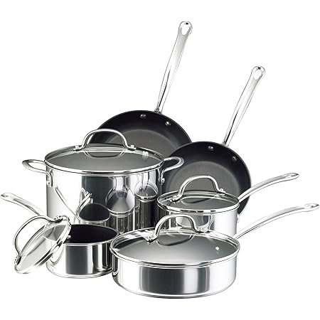 Farberware Millennium Stainless Steel Nonstick Cookware Set, 10-Piece Pot and Pan Set, Stainless Steel