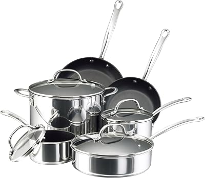 Farberware Millennium Stainless Steel Nonstick Cookware Set, 10-Piece Pot and Pan Set, Stainless Steel