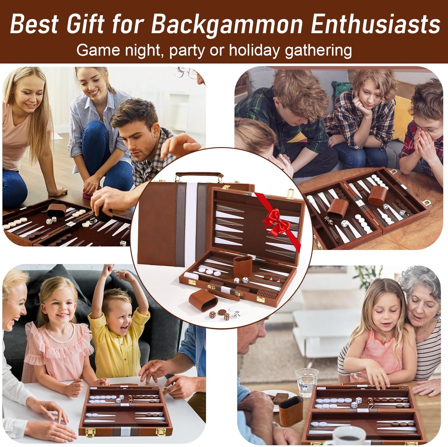 Large Backgammon Sets for Adults - 15inch Premium Backgammon Board with Deluxe PU Leather Case Portable - Felt Interior, Classic Board Games for 2 Players with Guide - Gifts for Man Woman