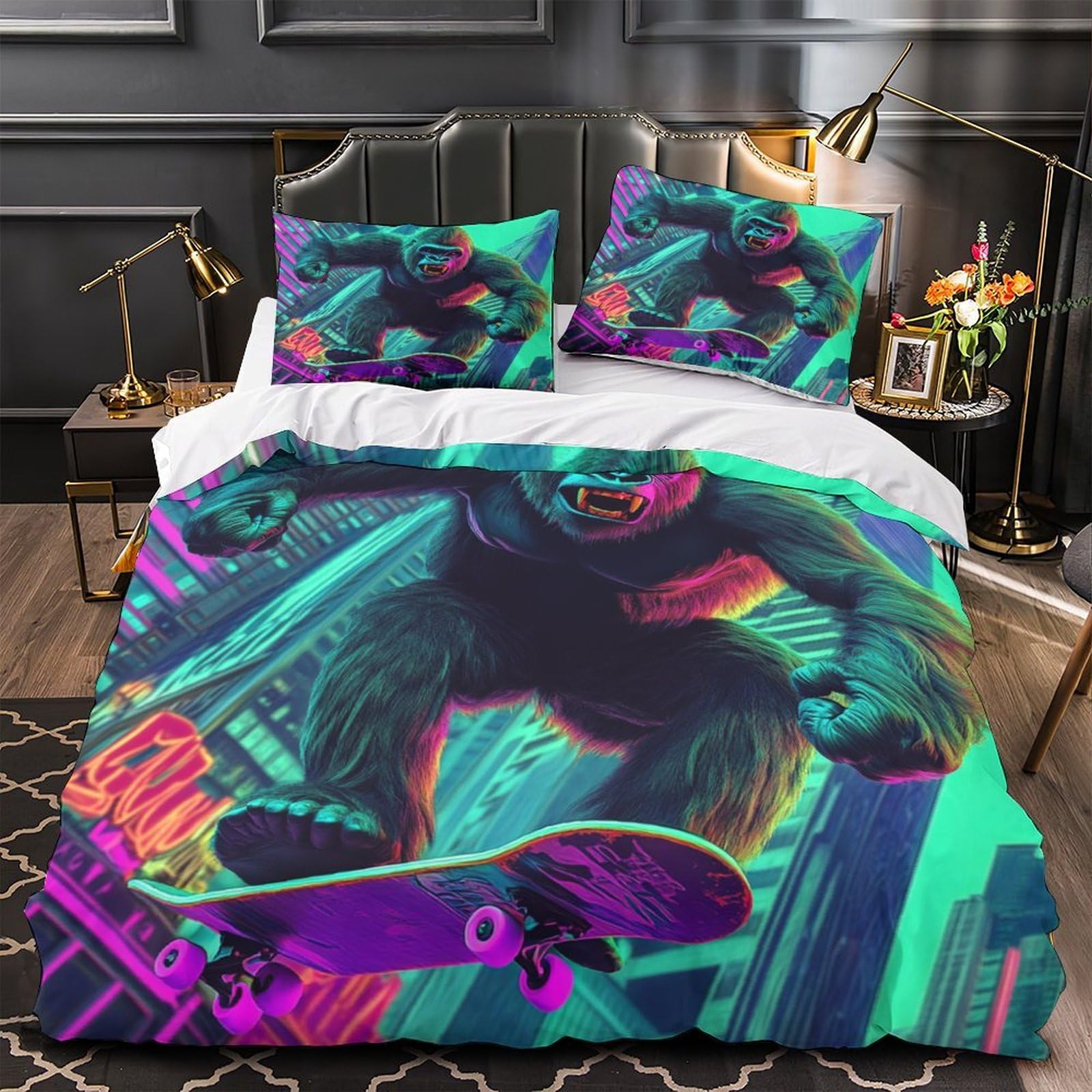 Drap de couette artistique cyberpunk pour lit double dans une chambre moderne