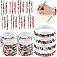 48 Pcs Around the World Party Favors 2026 International Flag Retractable Pens Country Flag Rubber Bracelets Multicultural