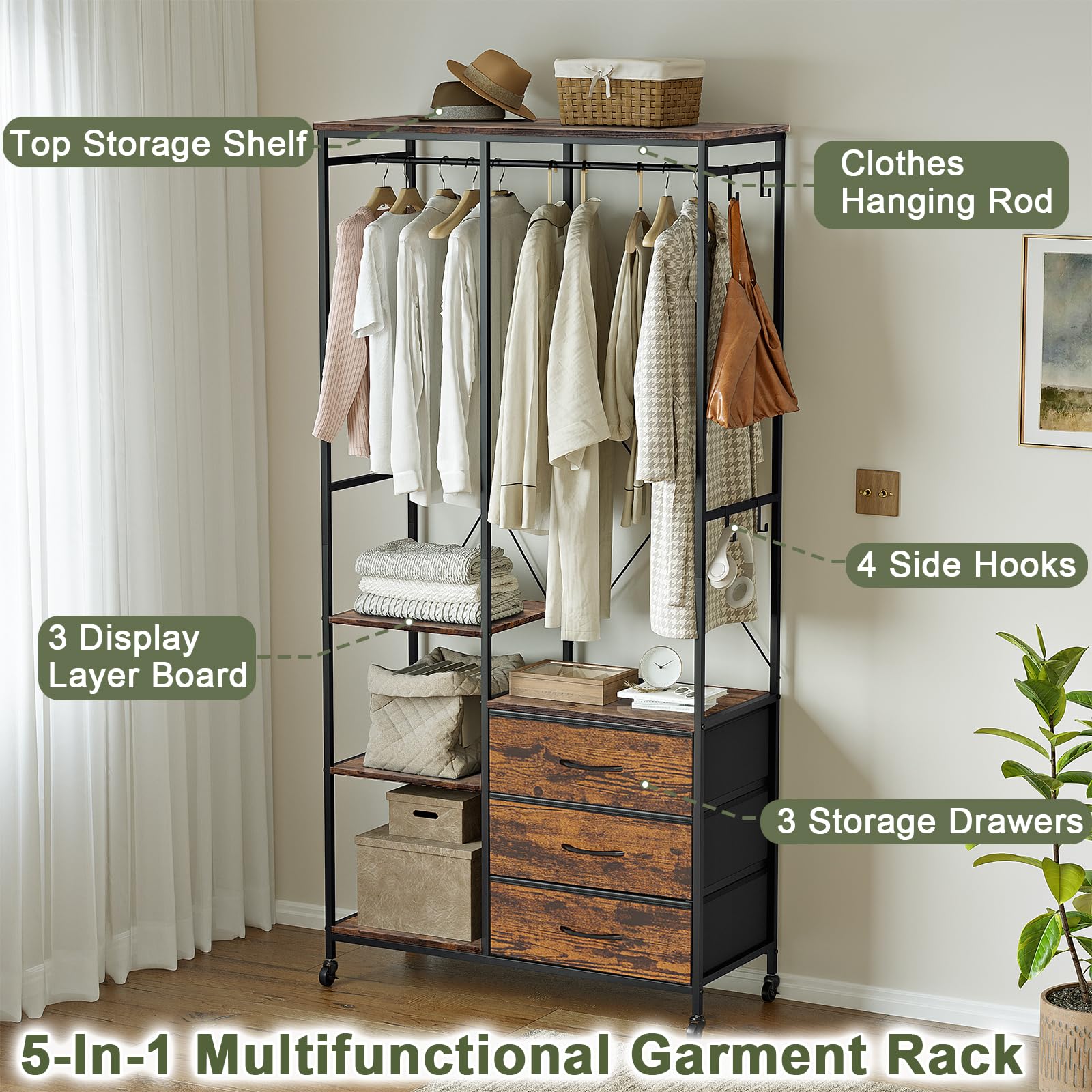 Portant vêtements Robuste，penderie avec 3 tiroirs Rangement，RB | Matériaux écologiques，Montage facile，Structure panneaux et cadre métallique, robuste et durable，Grande capacité de rangement