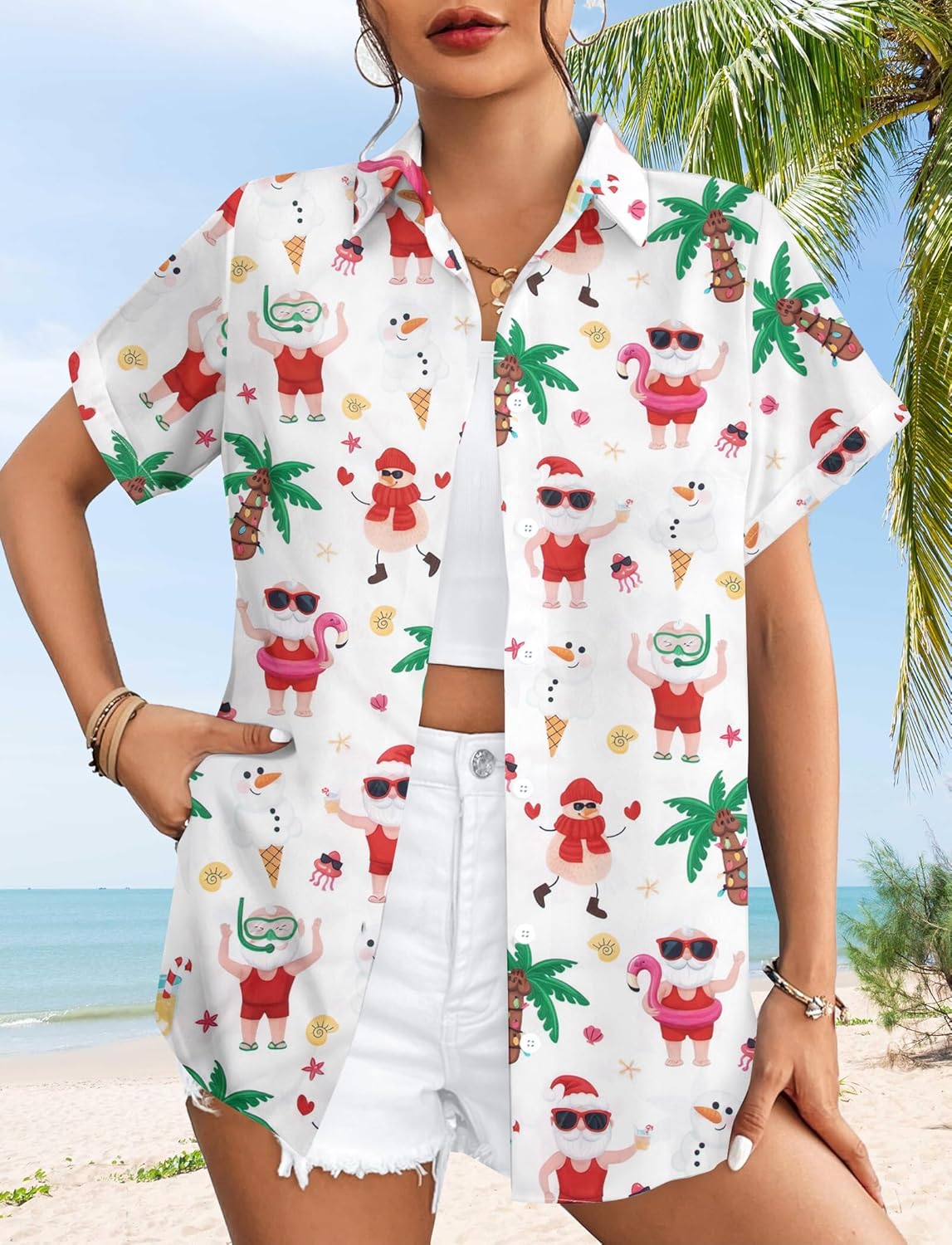 Christmas in July Shirt for Women Hawaiian Xmas Button Down Shirts Funny Santa Claus Tshirt Casual Holiday Tee Tops - Image 2