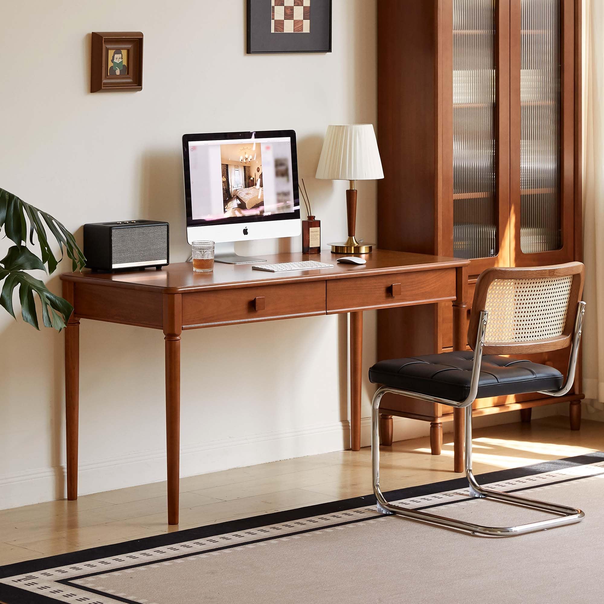 Solid Wood Computer Desk, Mid-Century Modern Home Office Desk with Drawers for Study, Working, Home Office 55" W