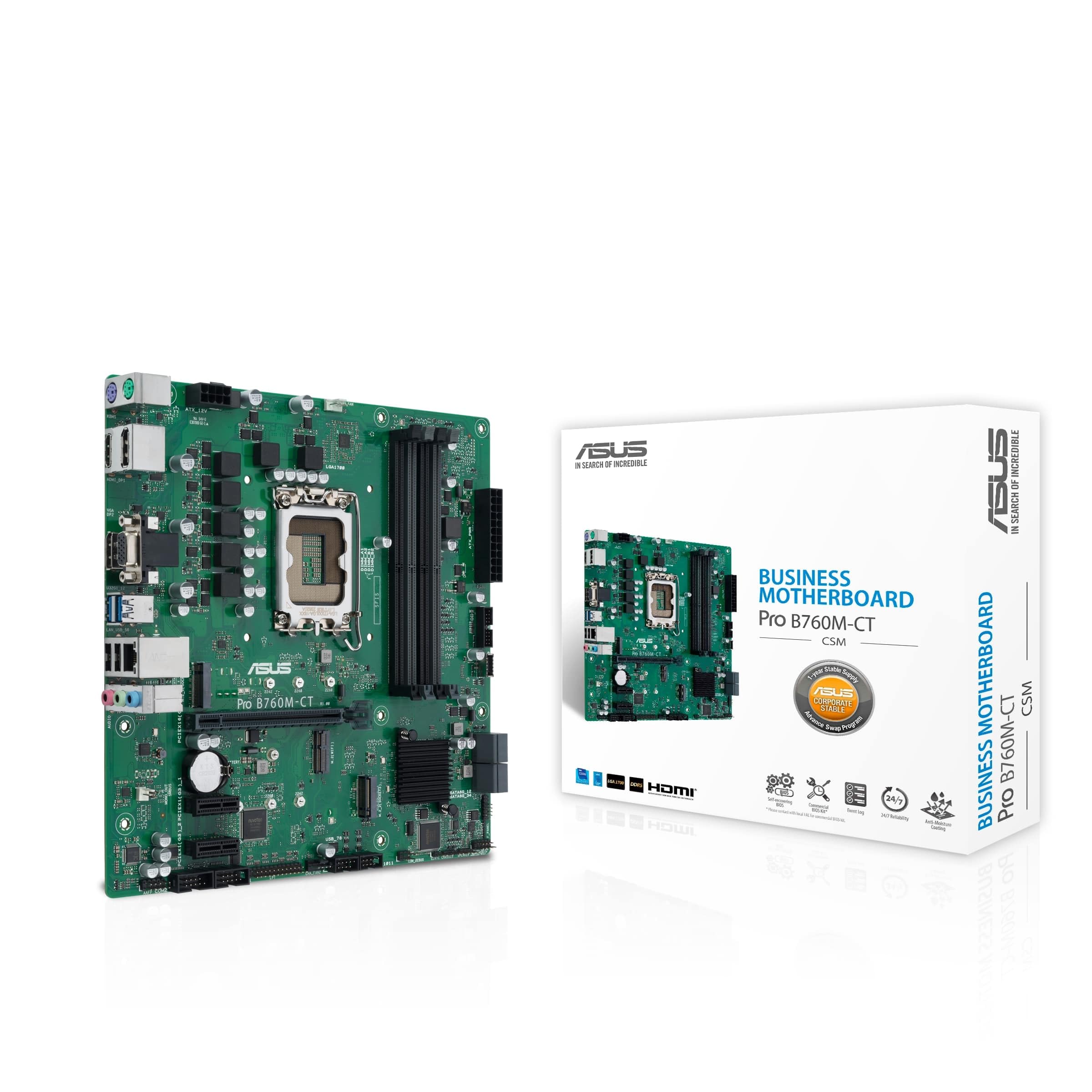 ASUS PRO B760M-CT-CSM Business płyta główna, gniazdo Intel LGA 1700 (mATX, CSM, Control Center Express, COM Debug Header, DDR5, PCIe 4.0, Q-LED Core)
