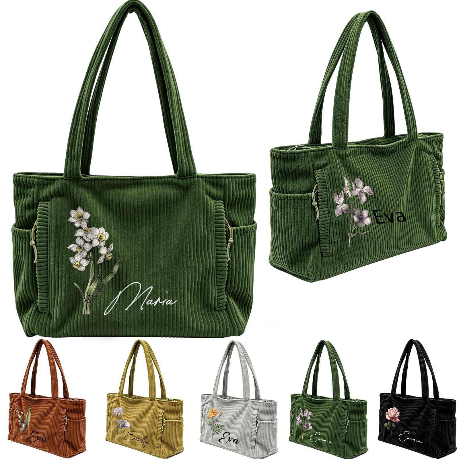 Bolsa de mano de pana personalizada para mujer, bolsa de hombro con cremallera de gran capacidad y bolsillos laterales