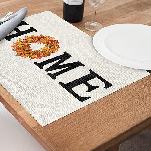 Miniatura 9 de Juego de 6 manteles individuales de Acción de Gracias, lavables, de PVC, hojas de calabaza, azul, naranja, otoño, vintage, beige, manteles