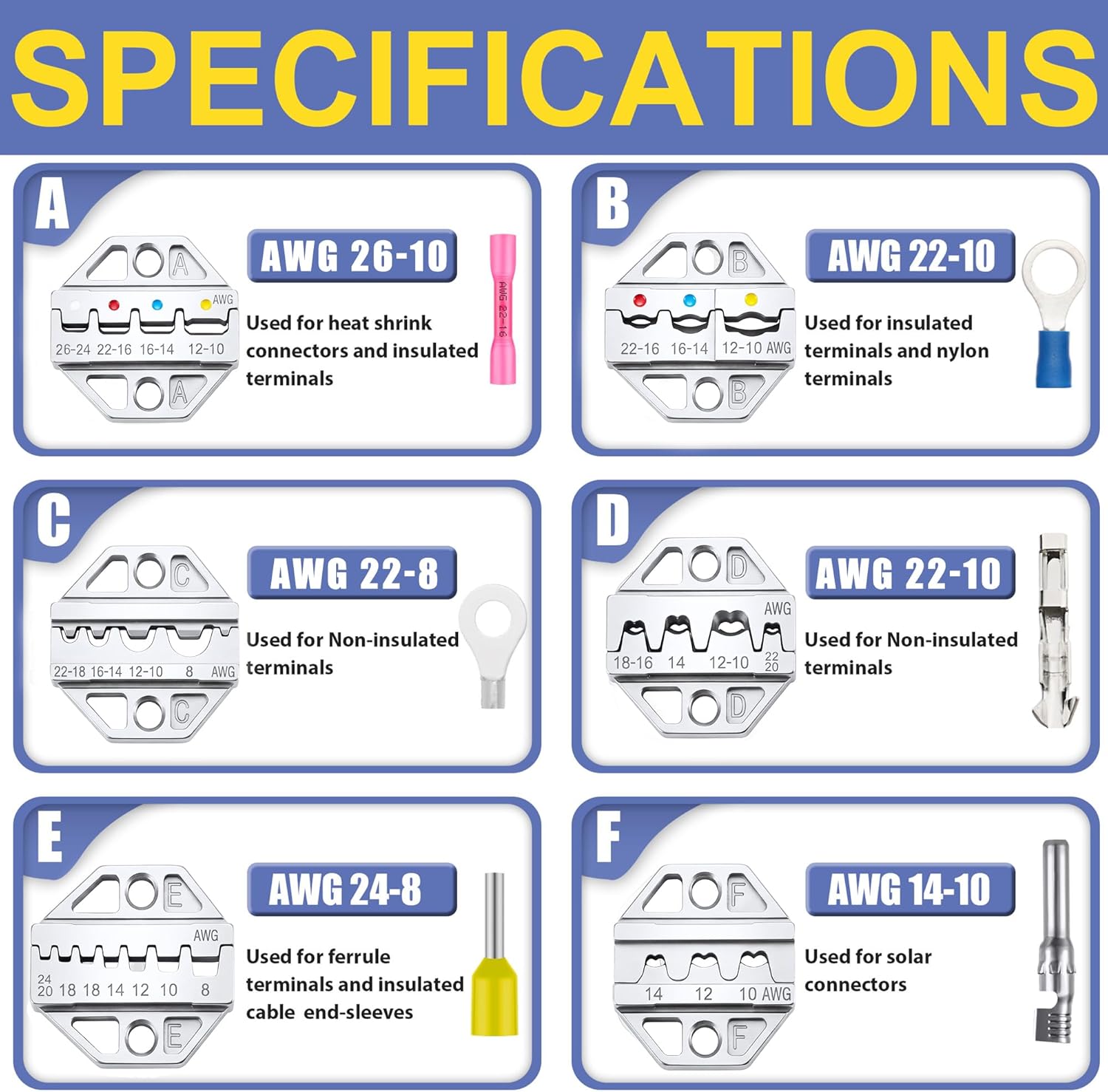 haisstronica Crimping Tool Set - 6PCS Crimping Die for Heat Shrink,Insulated Nylon,Non-Insulated,Ferrule Wire End,Open Barrel Terminals,Solar Connectors - with Wire Stripper Tool and Screwdriver