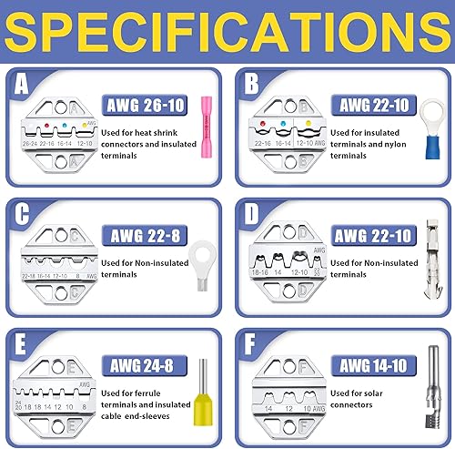 Miniatura 3 de haisstronica - Juego de herramientas de crimpado - 6 piezas de matrices de crimpado para termorretráctiles, nailon aislado, no aislado, terminal