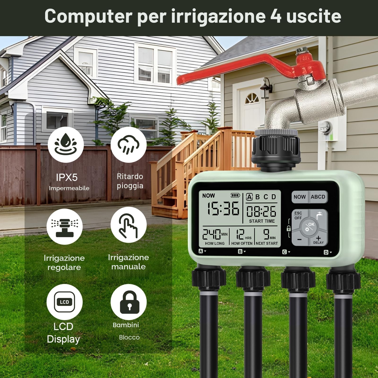 Johgee Computer di irrigazione con 4 uscite controllate indipendentemente, orologio di irrigazione digitale con display LCD, controllo di irrigazione automatico/manuale