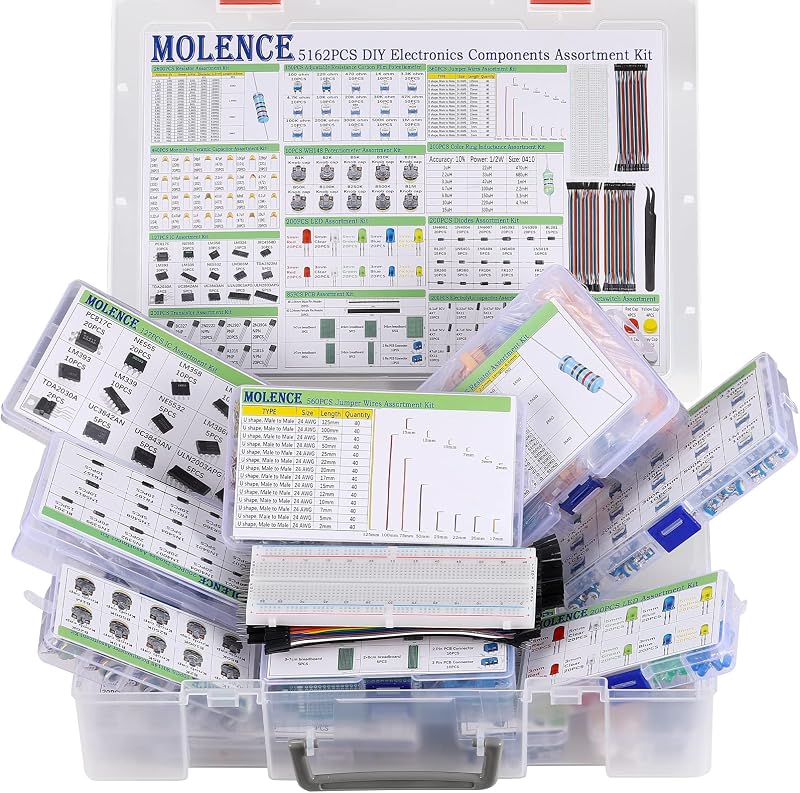 5162pcs DIY Electronics Components Kit Assortment | Resistor, Inductor, Capacitor, LED, Triode, ICS, Diodes, PCB, Potentiometer, Pin Header, Jumper Wire, Terminals, Tactswitch