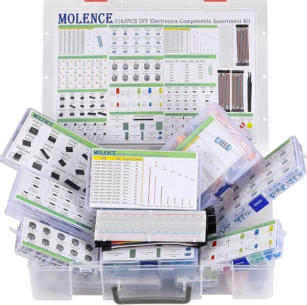 Molence 5162pcs DIY Electronics Components Kit Assortment, Resistors, Inductors, Capacitors, LED, Triode, ICS, Diodes, PCB, Potentiometer, Pin Header, Jumper Wire, Terminals, Tactswitch