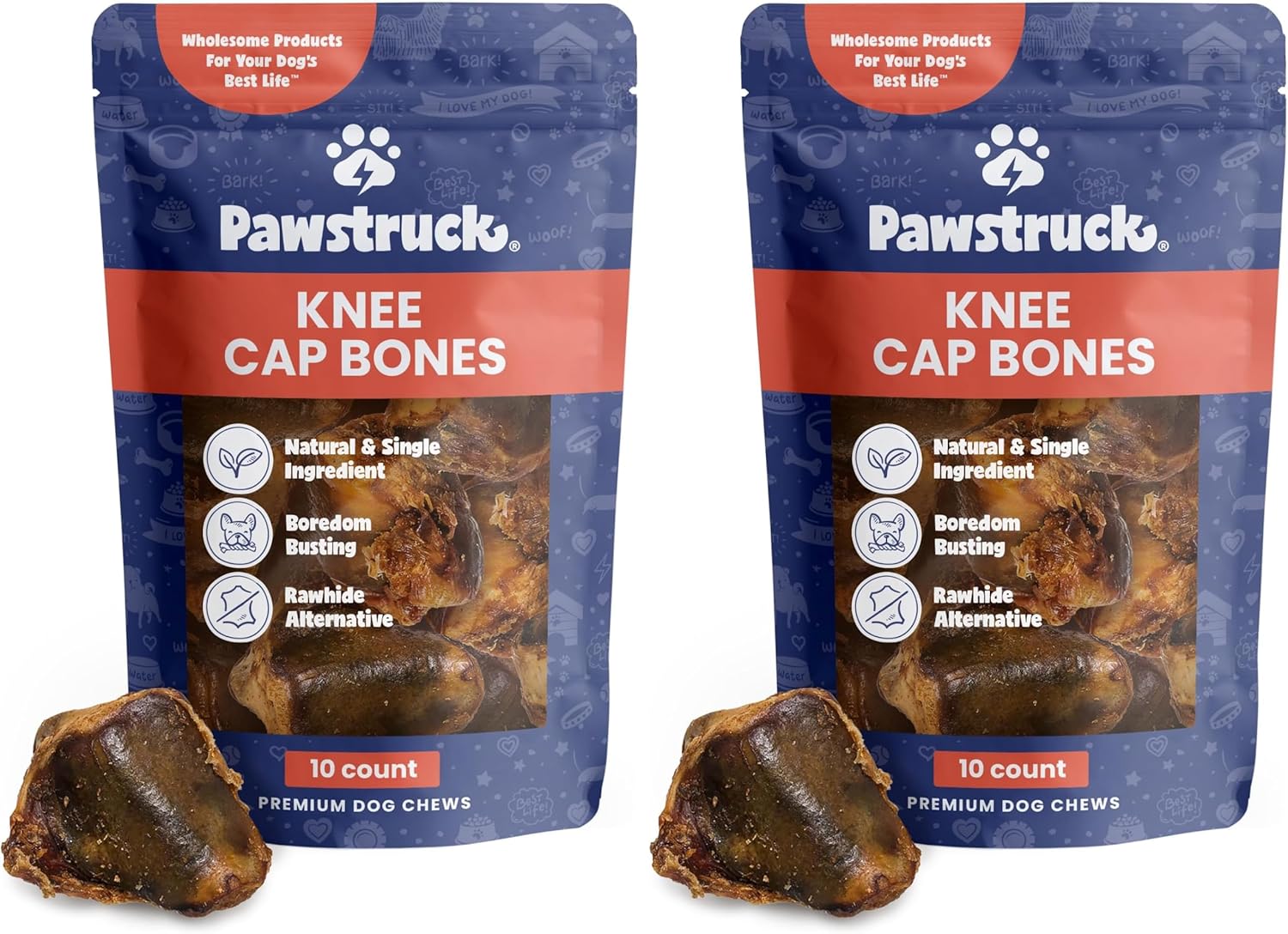 Pawstruck Natural Knee Cap Dog Bones - Treats for Aggressive Chewers, Low Fat & High Protein Chews, Beef Flavor, Long-Lasting Rawhide Alternatives - 20 Pack, Packaging May Vary
