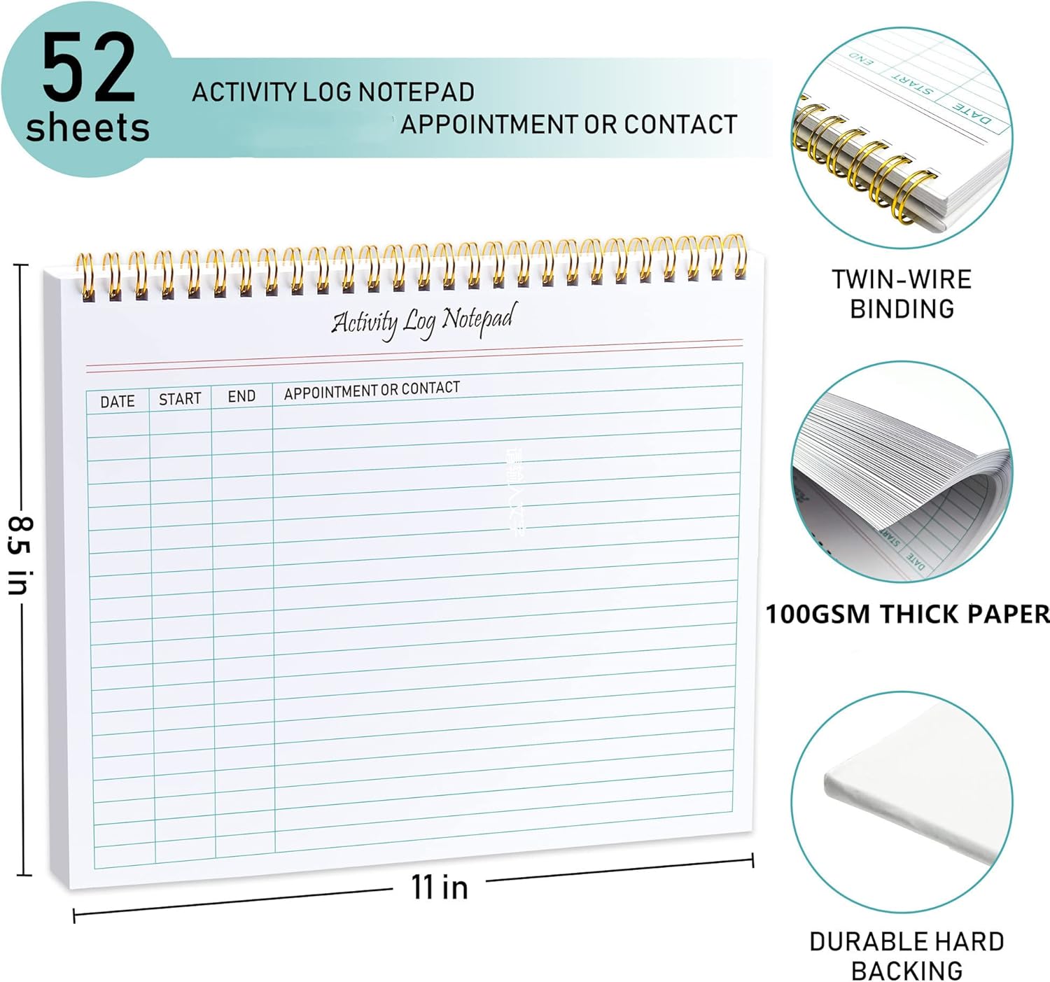 Activity Log Notepad, Spiral Activity Log Book for Business Work with Checklist, Organized Time Spending, Appointment or Contact. 8.5 x 11 Inch,Thick Paper, Hard Backing(2 pieces)