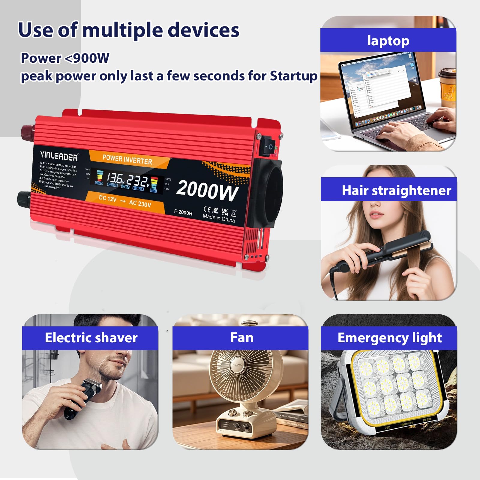 Yinleader Convertisseur 12v 220v 2000W onduleur 1000W transformateur de Tension LCD Dual USB