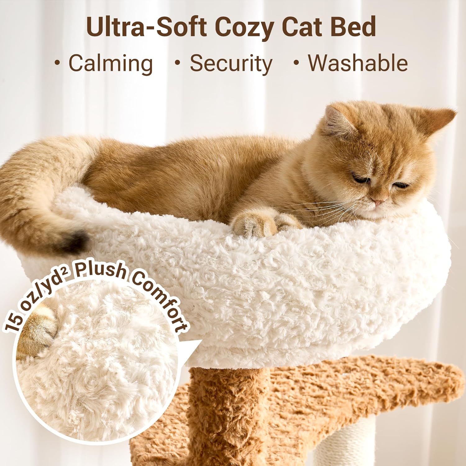Modern Cat Tree Tower with Scratching Post for Indoor Cats Up tp 12lbs, 50.5" Tall Cat Tree with Flower/Fluffy Cat Beds, Acrylic Capsule, Multi-Level Platforms & Interactive Toy, White & Brown