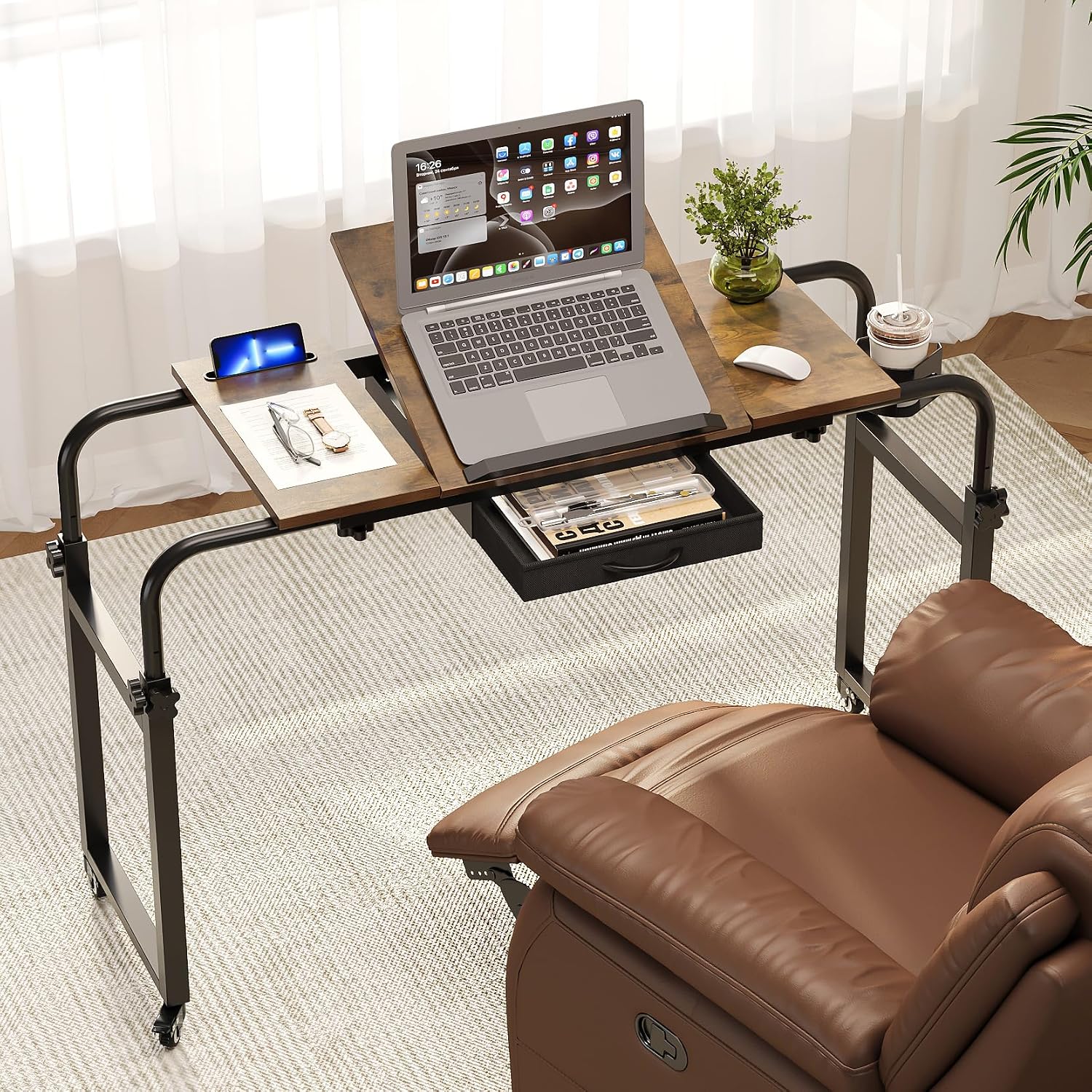 GiftGo Adjustable Overbed Table with Storage & Wheels