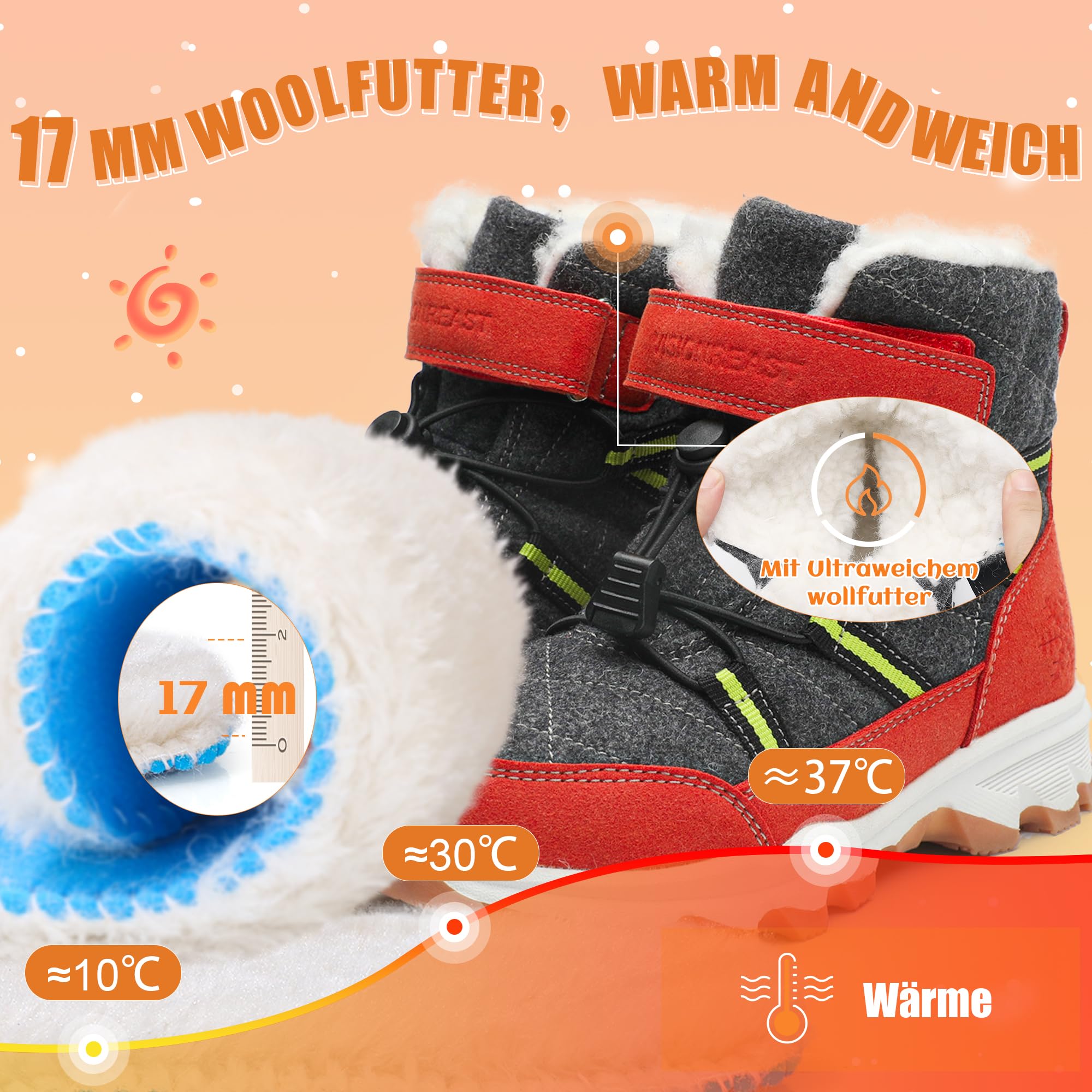 Stivali da Neve Bambini Scarpe Invernali di Lana Calde Antiscivolo Traspirante Escursionismo Scarponi da Ragazzi
