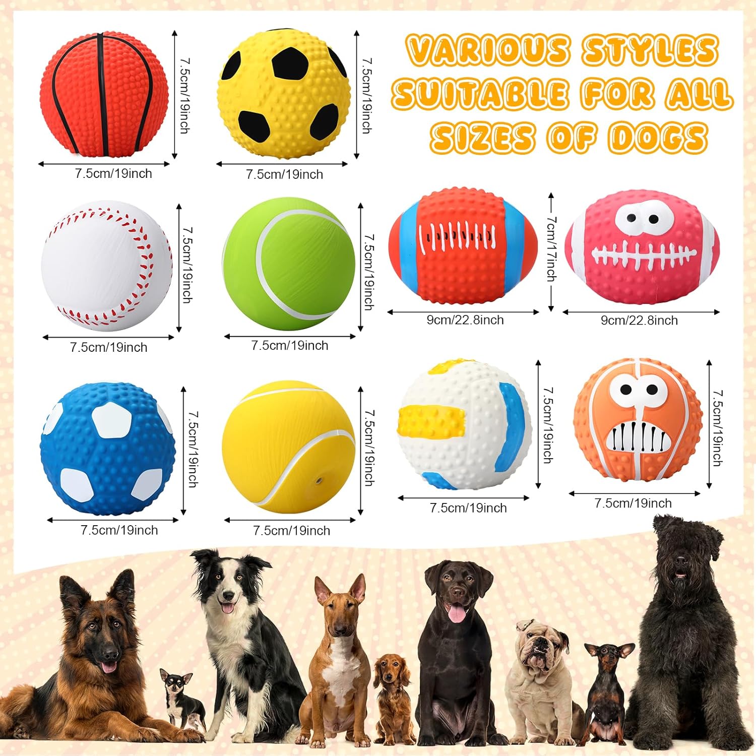 Gemscream 10 Pack 2. 4" Squeak Latex Puppy Dog Toy Ball Sports Balls Sets Interactive Rubber Squeak Dog Toys Rubber Soccer Volleyball Toy for Small Medium Puppy Dogs Chew Toys