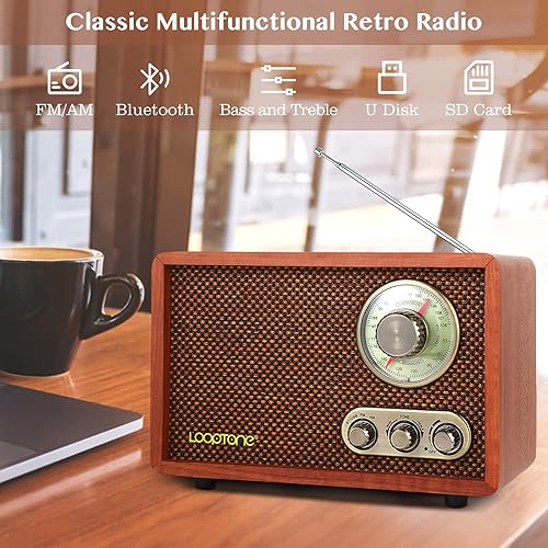 Miniatura 3 de LoopTone Radio vintage AM FM multifunción USB SD con altavoz Bluetooth, radio de mesa de madera retro para cocina, sala de estar con perilla