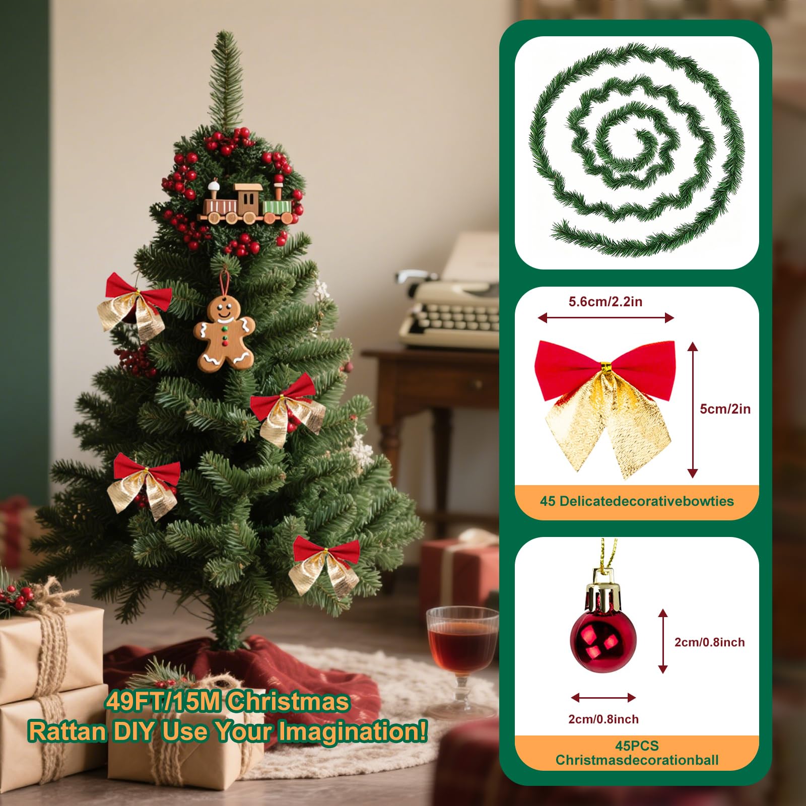 15 m lange Weihnachtsgirlande mit 45 Weihnachtsschleifen, 45 Weihnachtskugeln, Dekoration, künstliche Kieferngirlande für den Innen- und Außenbereich, Haus, Garten, Urlaub, Hochzeit, Party