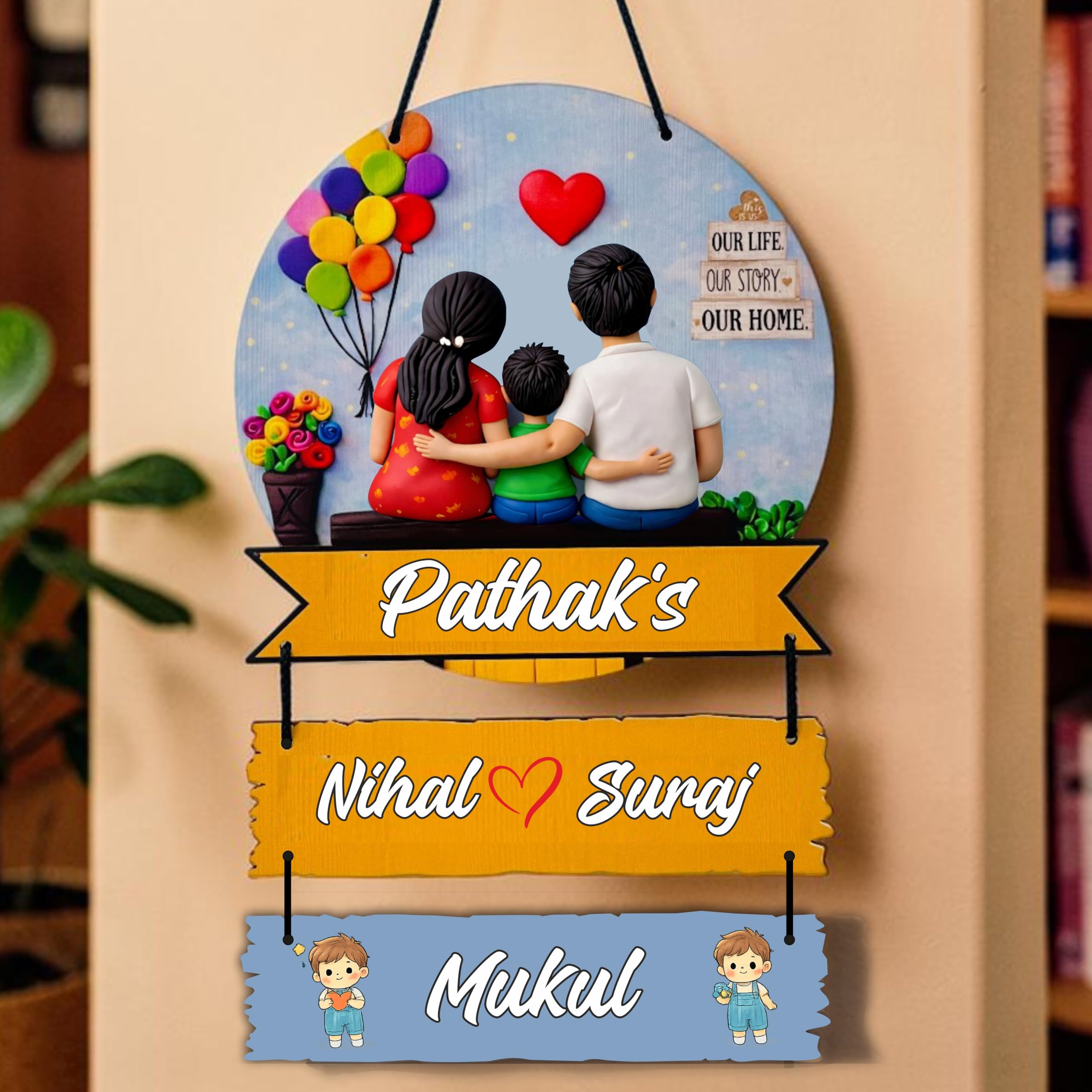 P Arts Personalized Family Name Plate with 3D Illusion UV Print | Customized Wooden MDF Name Board for Indoor Home Entrance | Includes Free Self-Adhesive Sticky Hook for Easy Installation (Couple + 1 Boy)-image-33