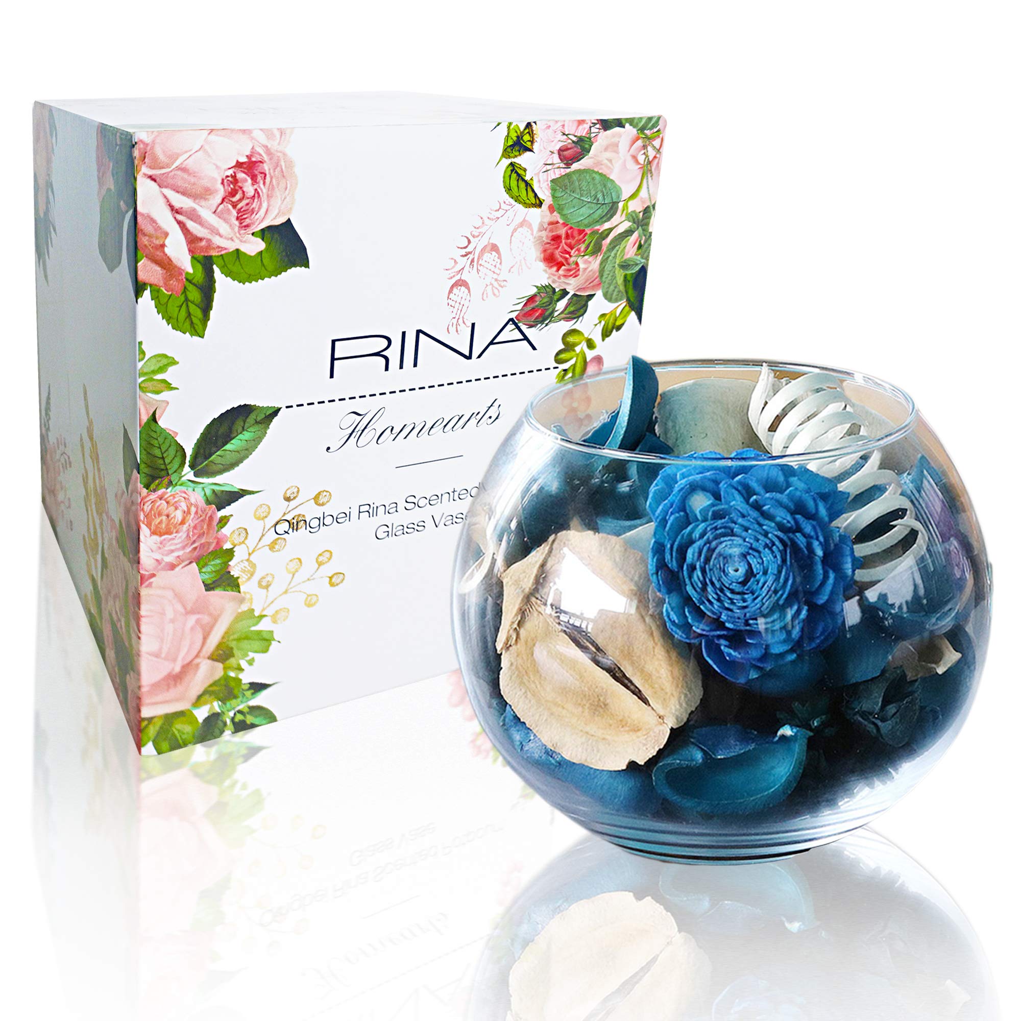 Qingbei Rina Gift Wrapped Blue Potpourri with a Glass Bowl Ocean Scent Wedding Party Garden Decoration in Filler Volume of 67 Fluid-Oz, Bowl Size 6"