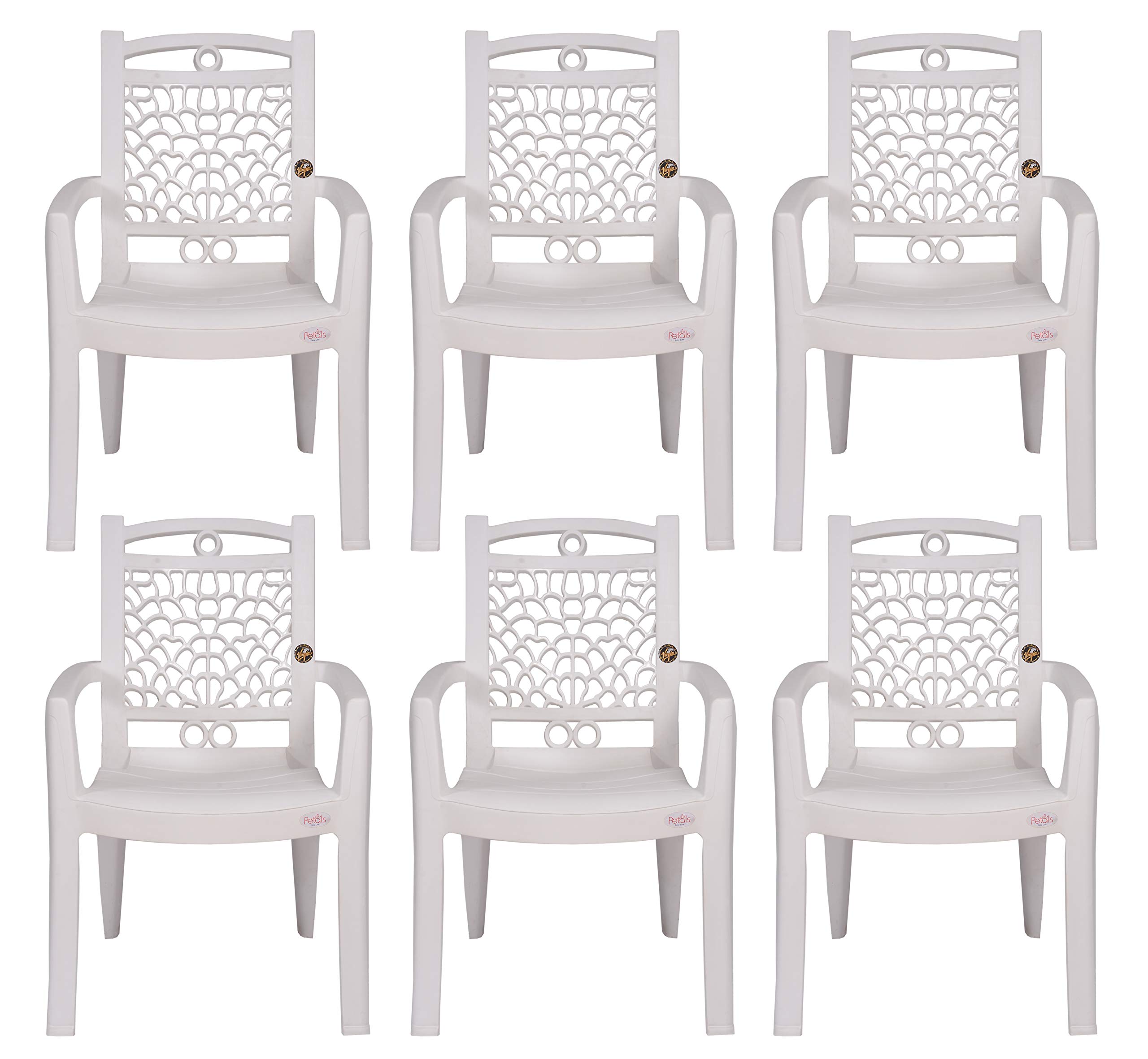 PETALS Plastic Chair Set of 6 | Stackable Fiber Arm Chair for Drawing/Living Room | Armchairs for Home/Office/Garden/Indoor & Outdoor | Cap Upto 150 Kgs | White, 6 Pcs, Swiss | 3 Years Warranty